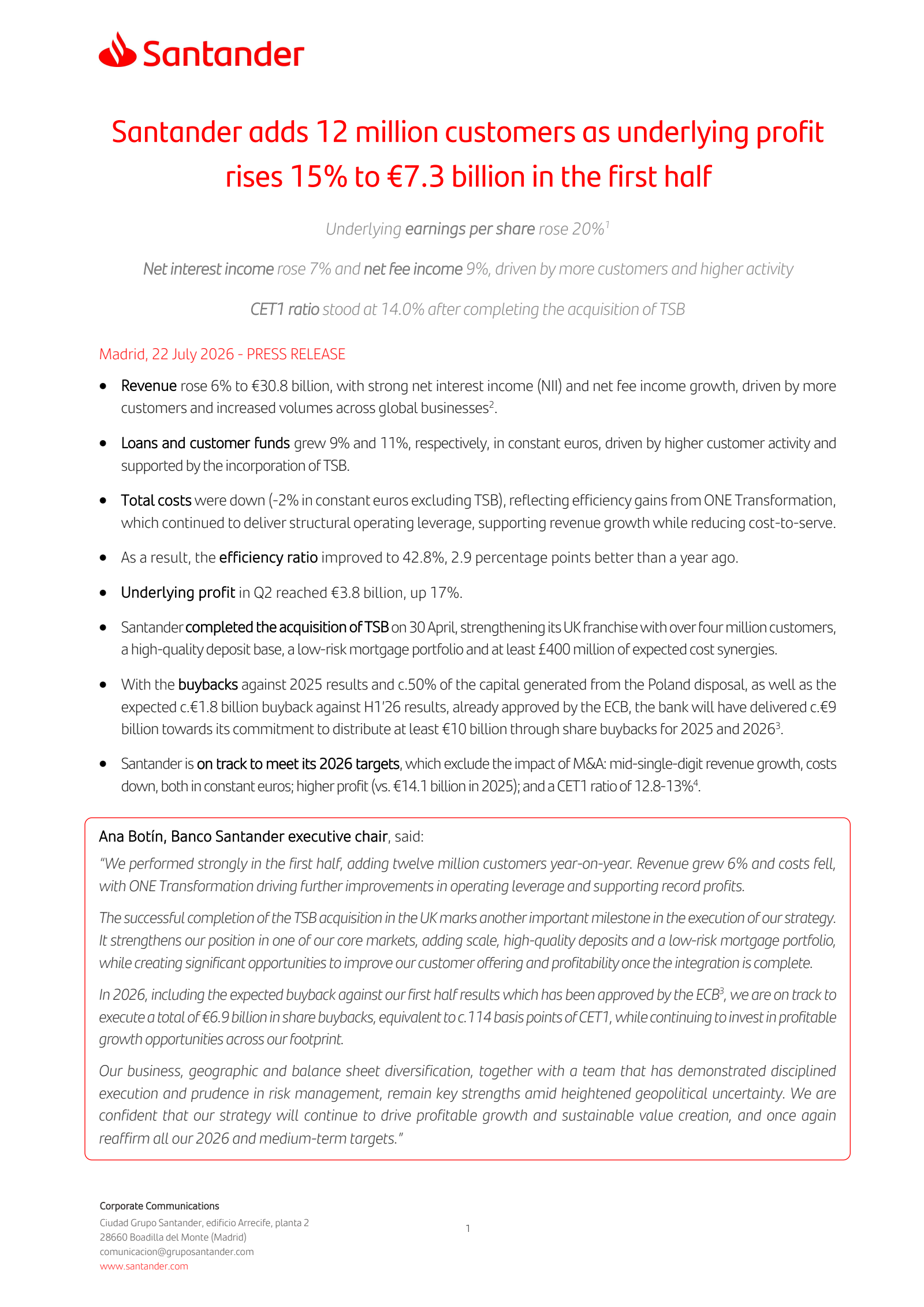 Banco Santander's Q2 2026 Press Release