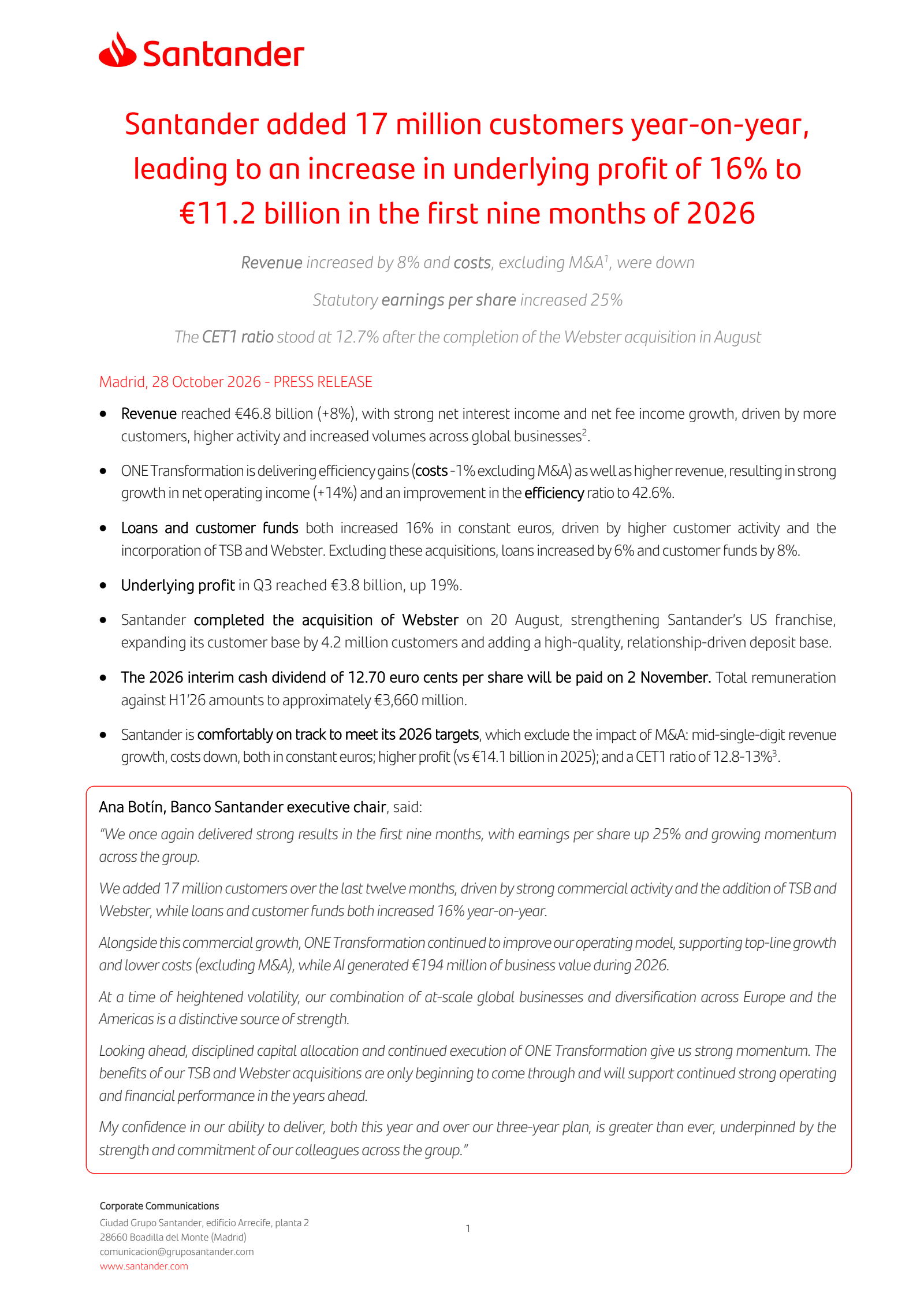 Banco Santander's Q3 2026 Press Release