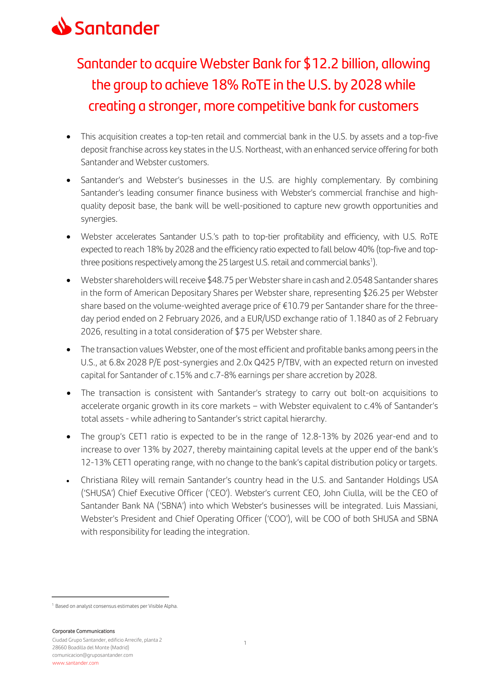 Banco Santander's Q4 2025 & Acquisition Press release