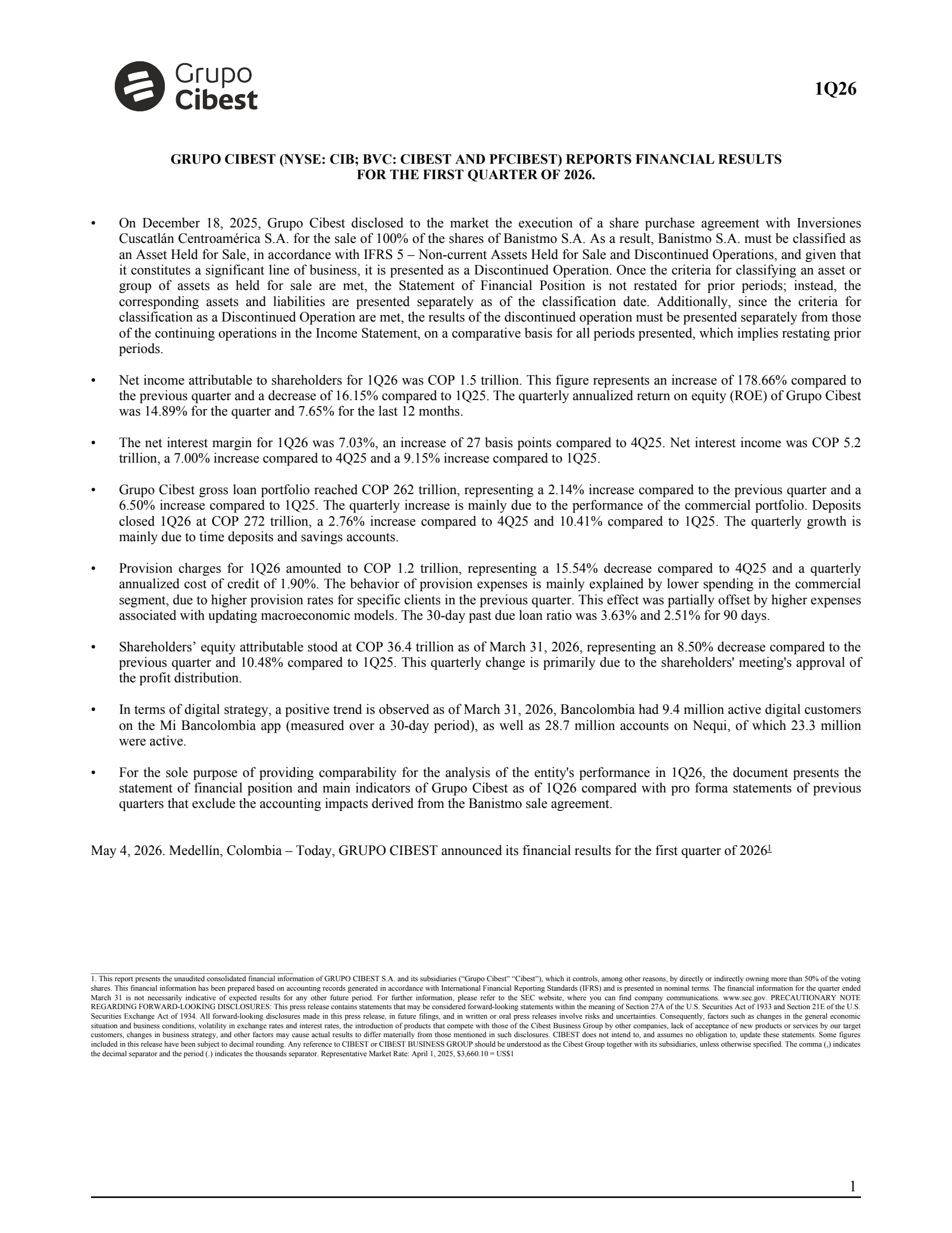 Grupo Cibest's Q1 2026 Press Release