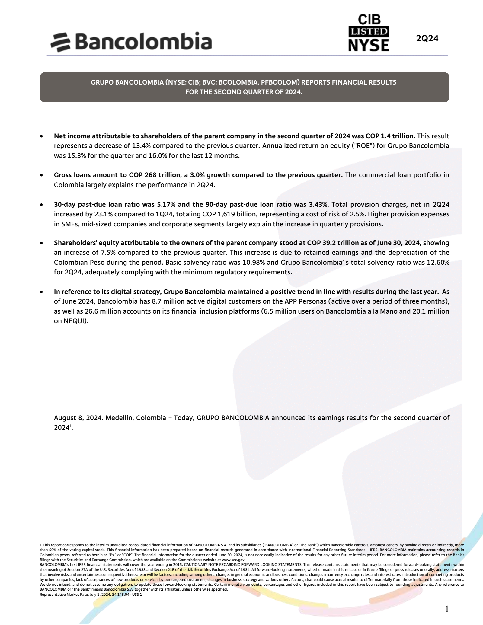 Bancolombia's Q2 2024 Press Release