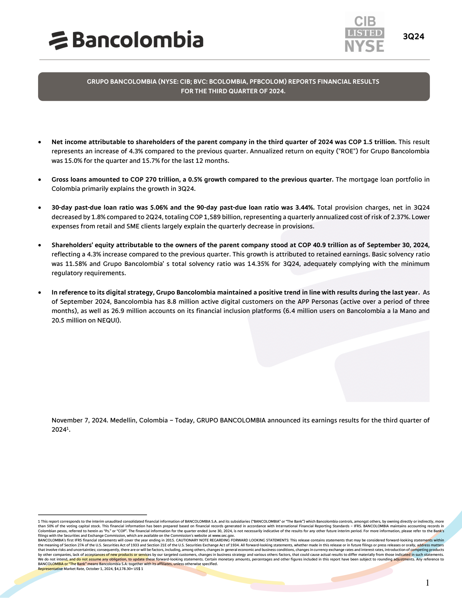 Grupo Cibest's Q3 2024 Press Release