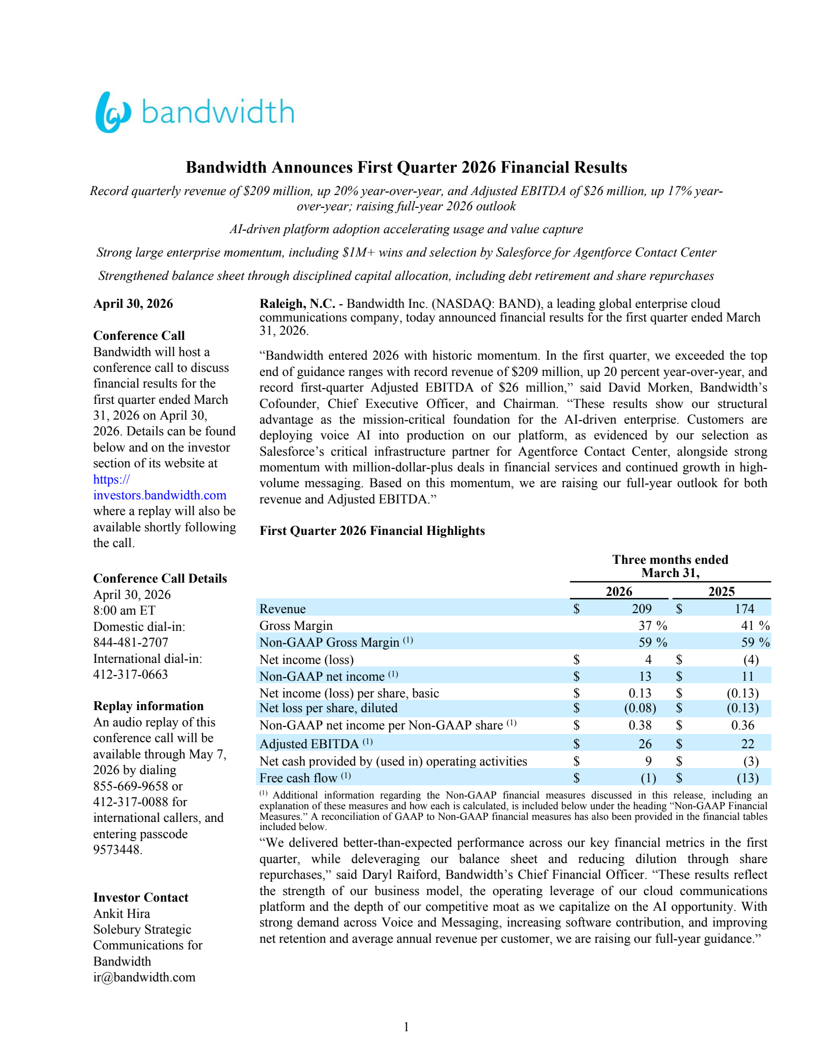 Bandwidth's Q1 2026 Press Release