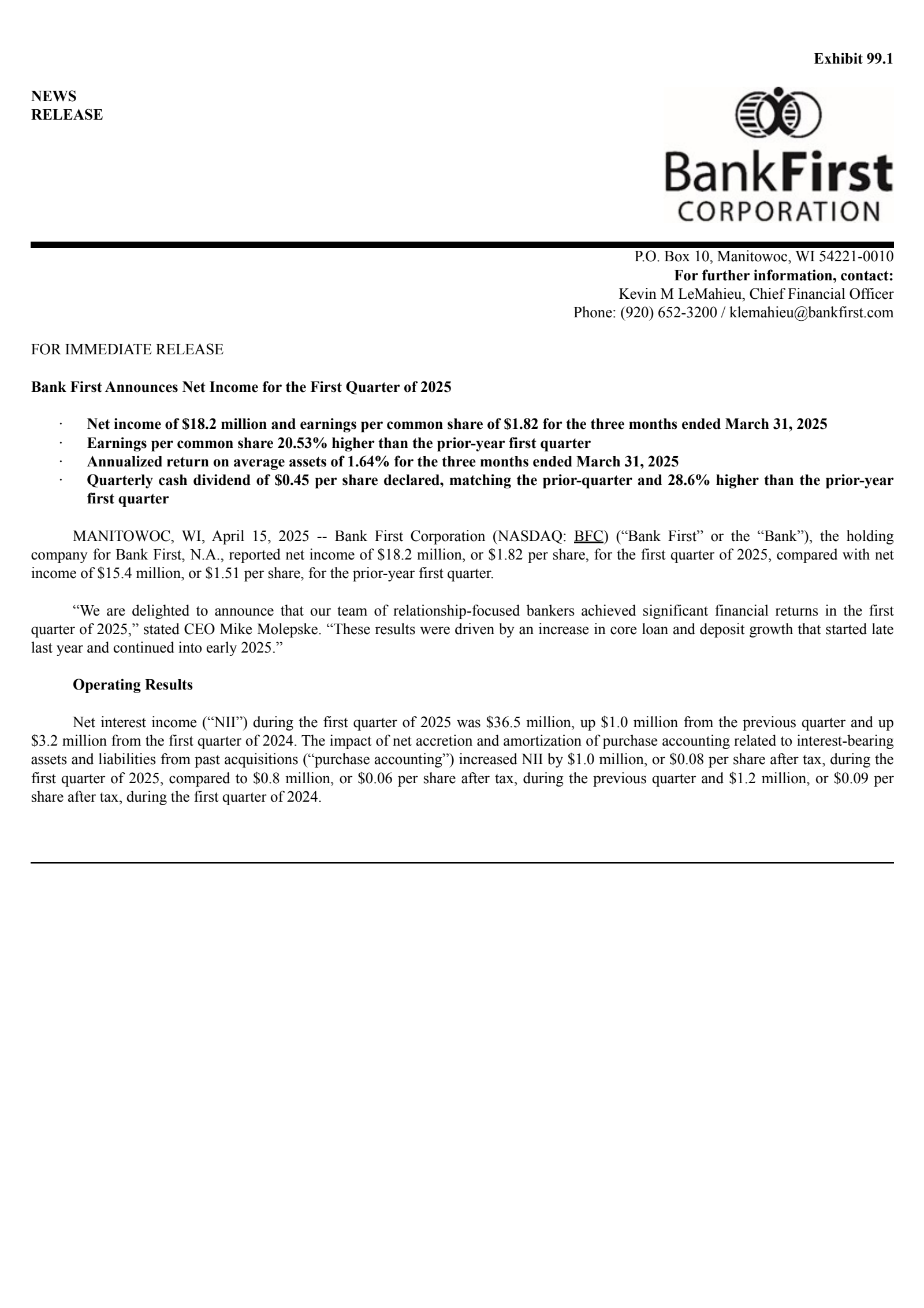 Bank First's Q1 2025 Press Release