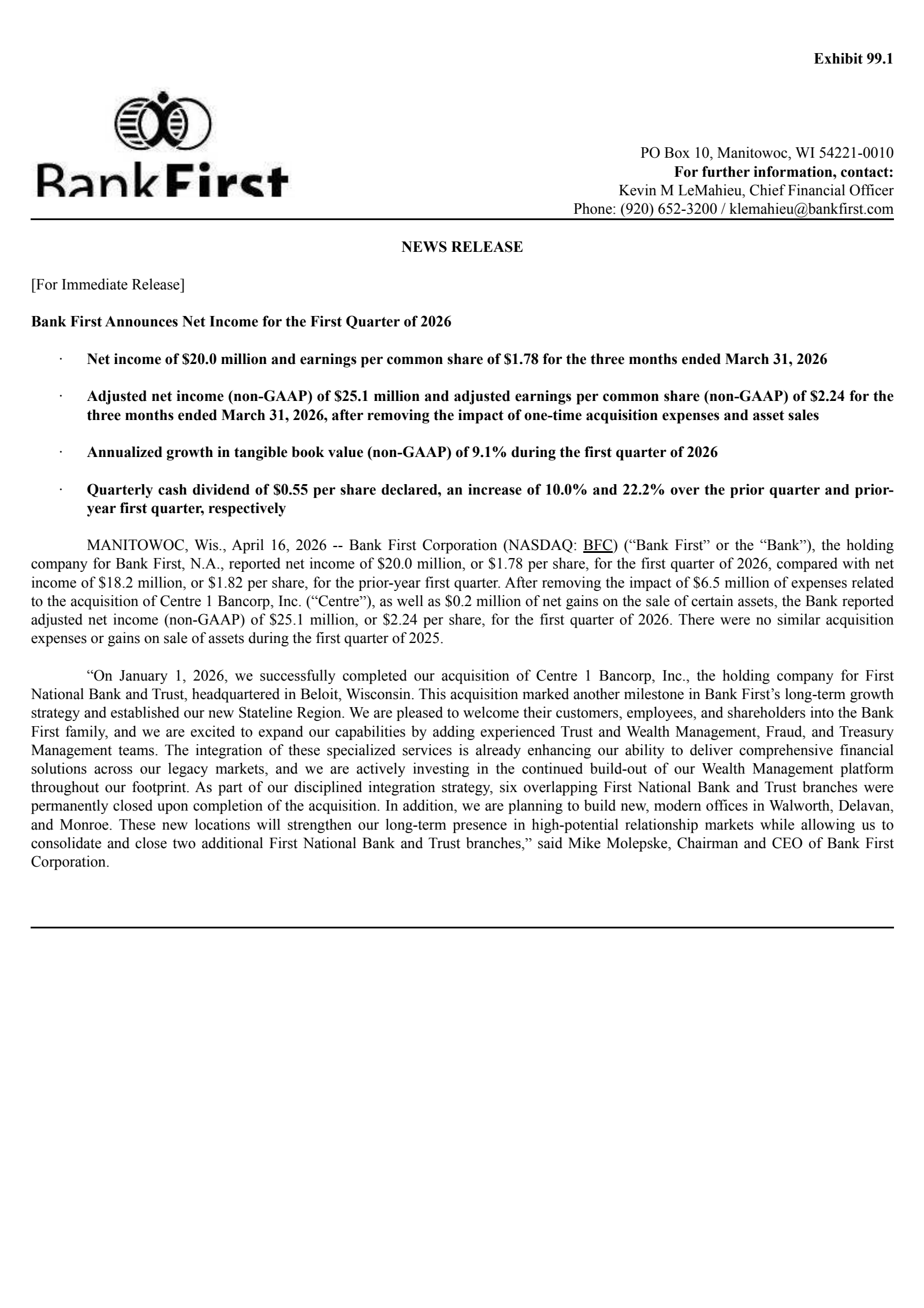 Bank First National's Q1 2026 Press Release