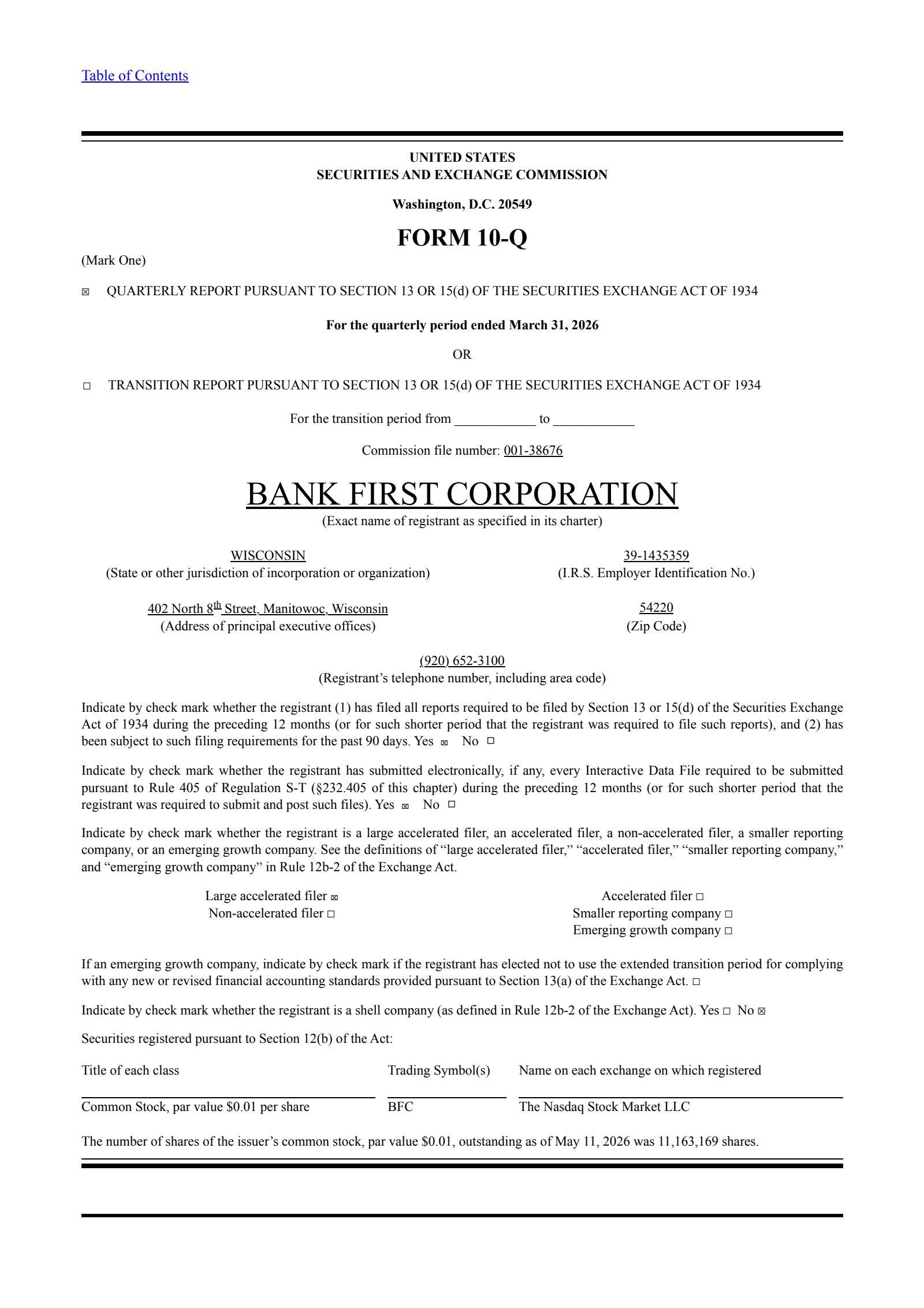 Bank First National's Q1 2026 Quarterly report