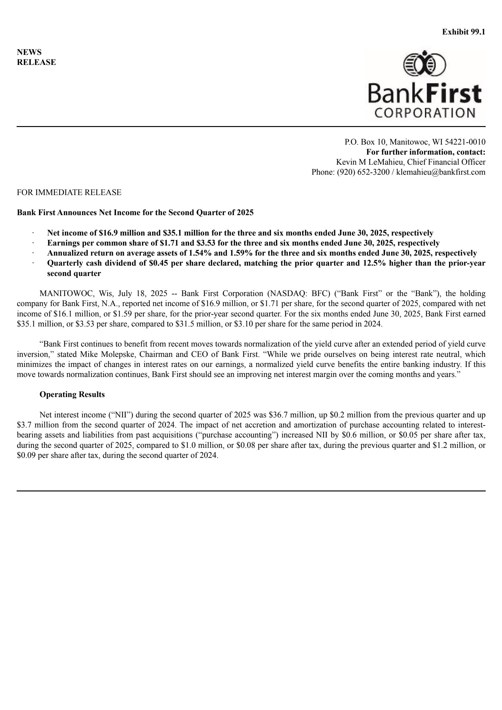 Bank First National's Q2 2025 Press Release