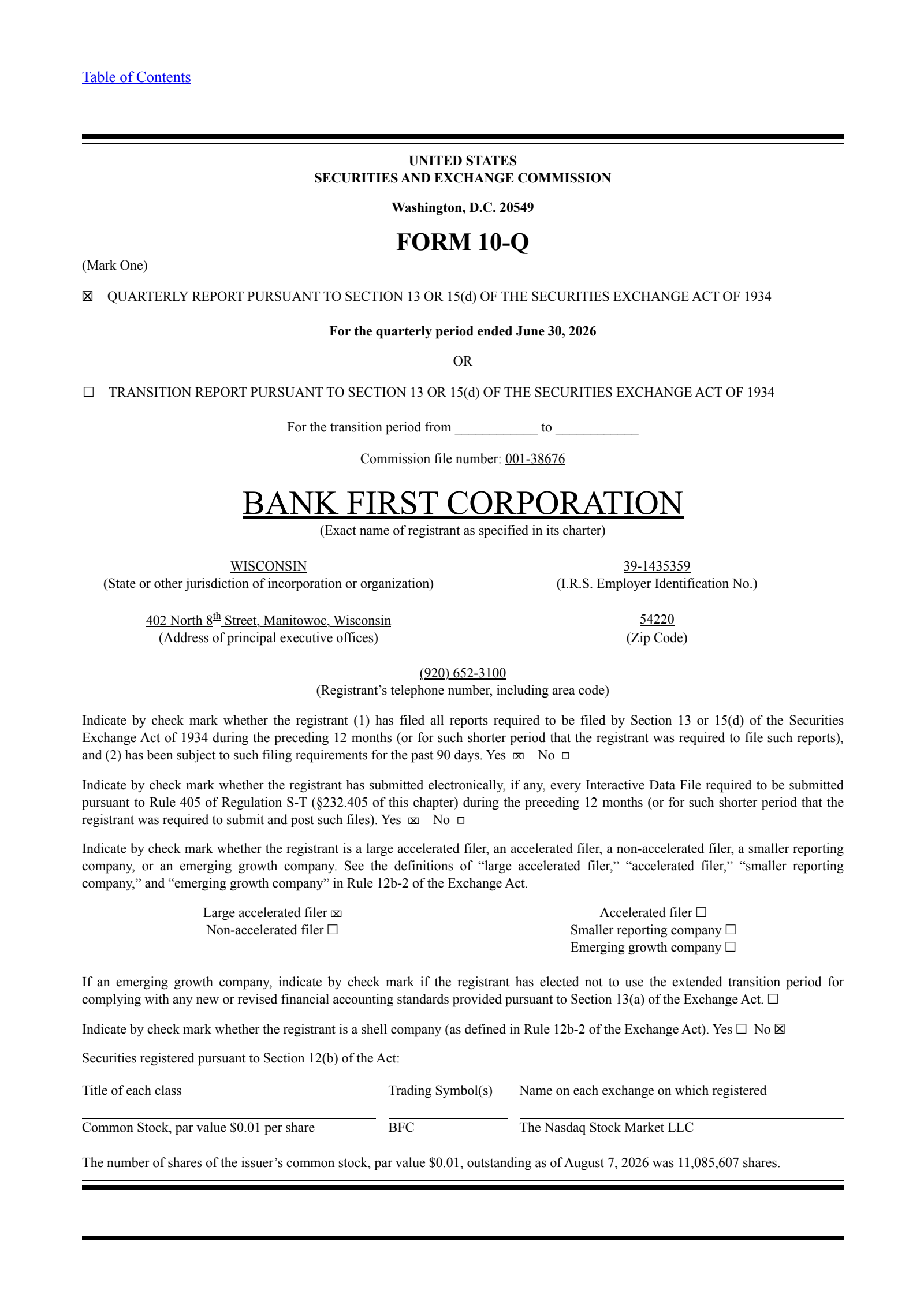 Bank First National's Q2 2026 Quarterly report