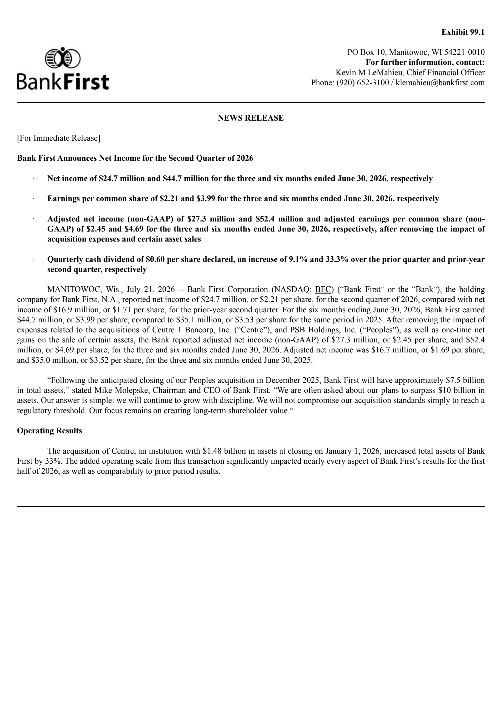 Bank First National's Q2 2026 Press Release