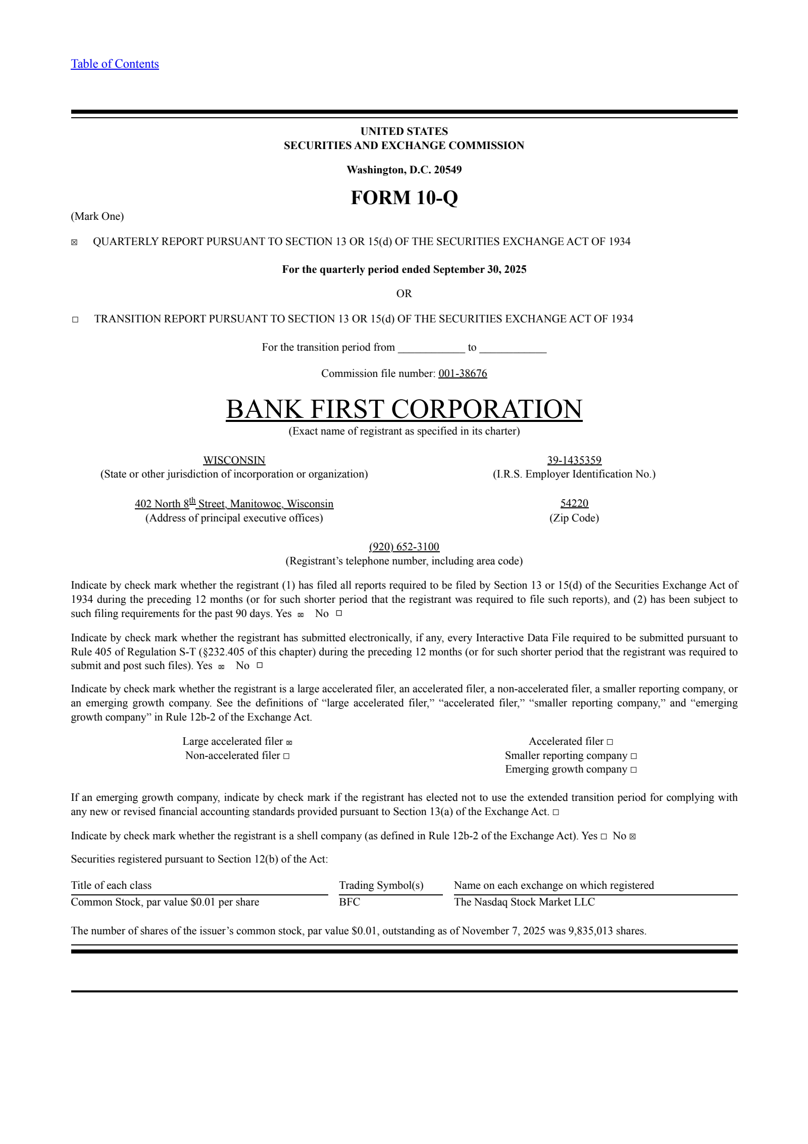 Bank First National's Q3 2025 Quarterly Report