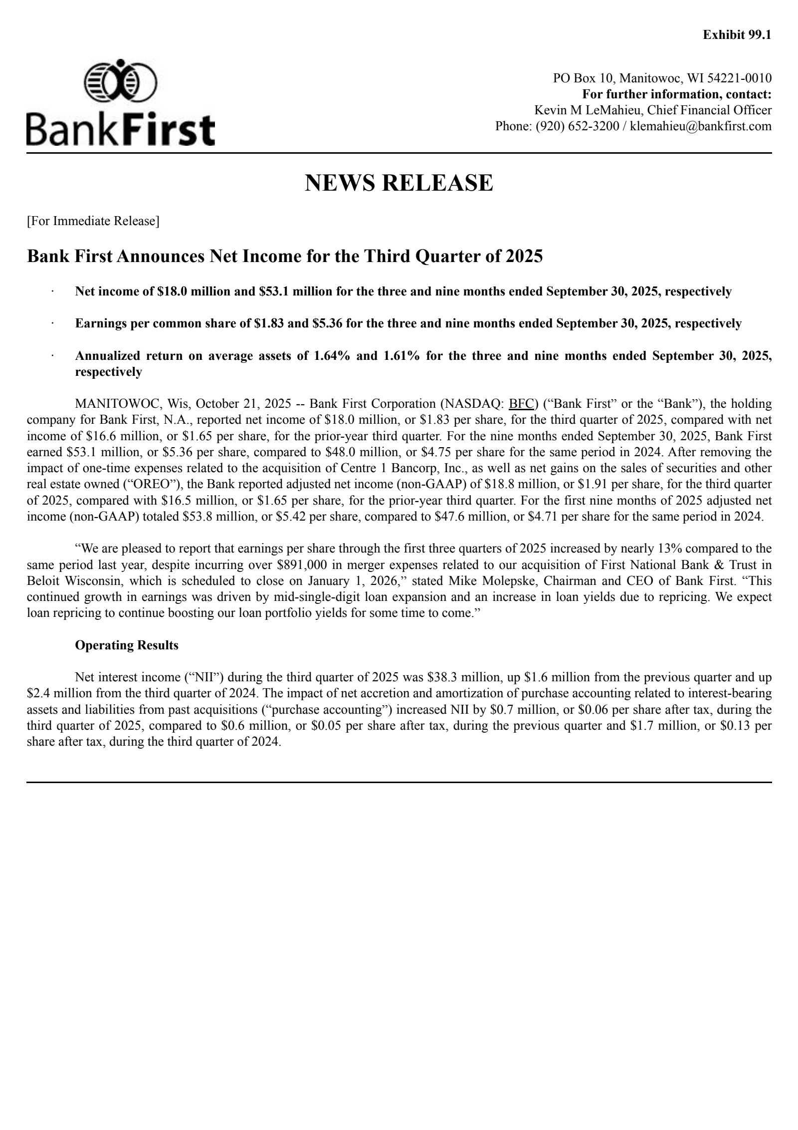 Bank First National's Q3 2025 Earnings Release