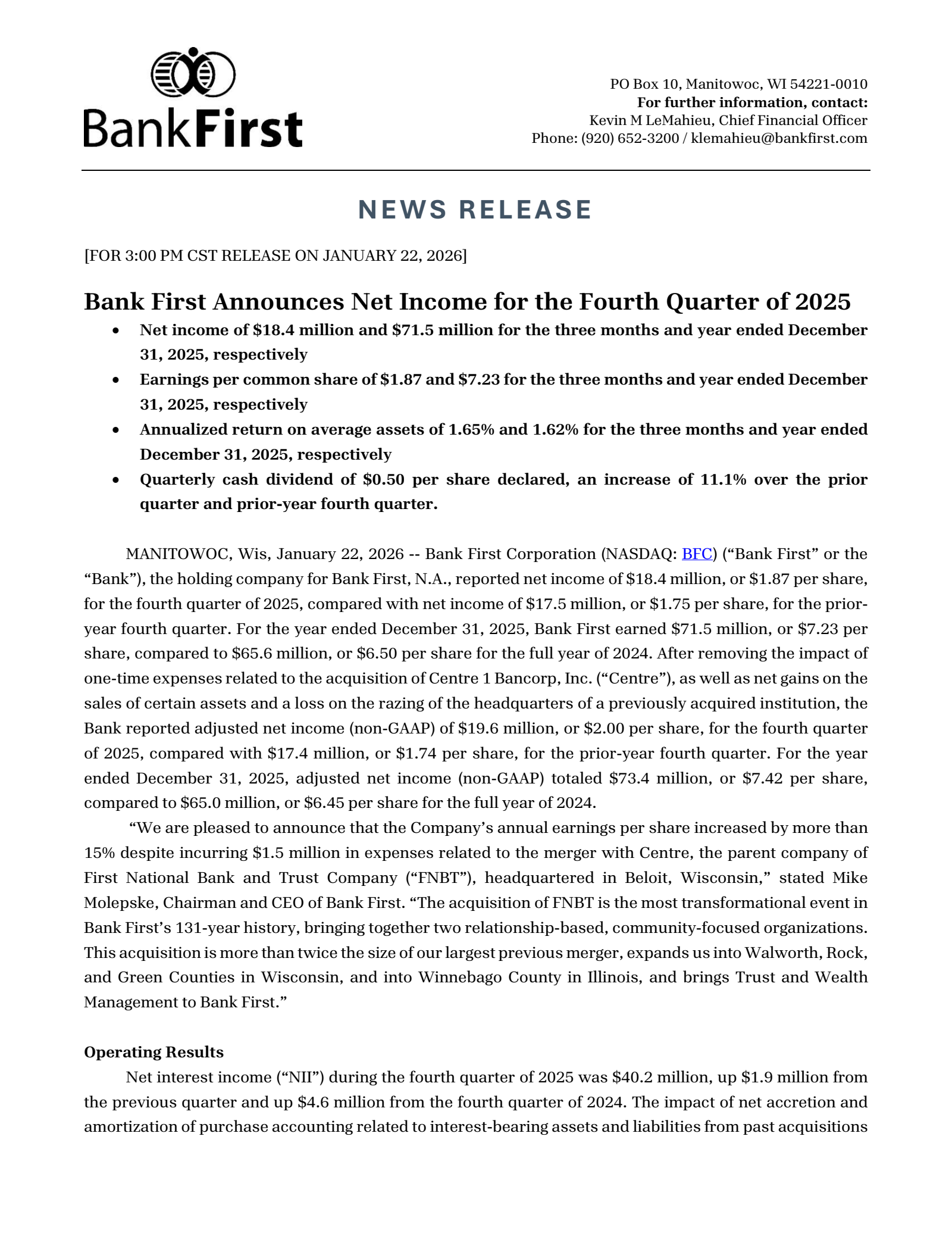 Bank First National's Q4 2025 Press Release