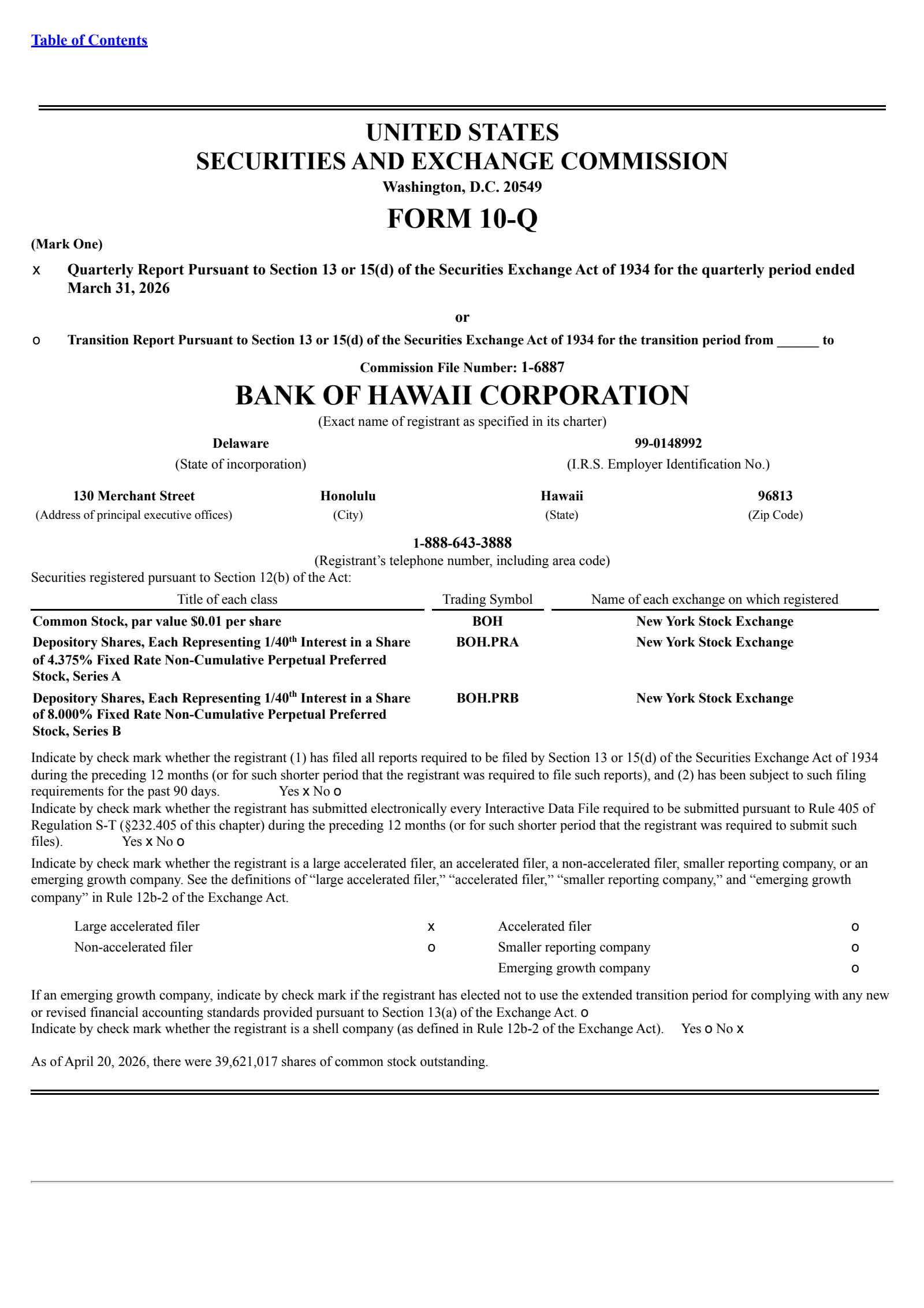 Bank of Hawaii's Q1 2026 Quarterly report