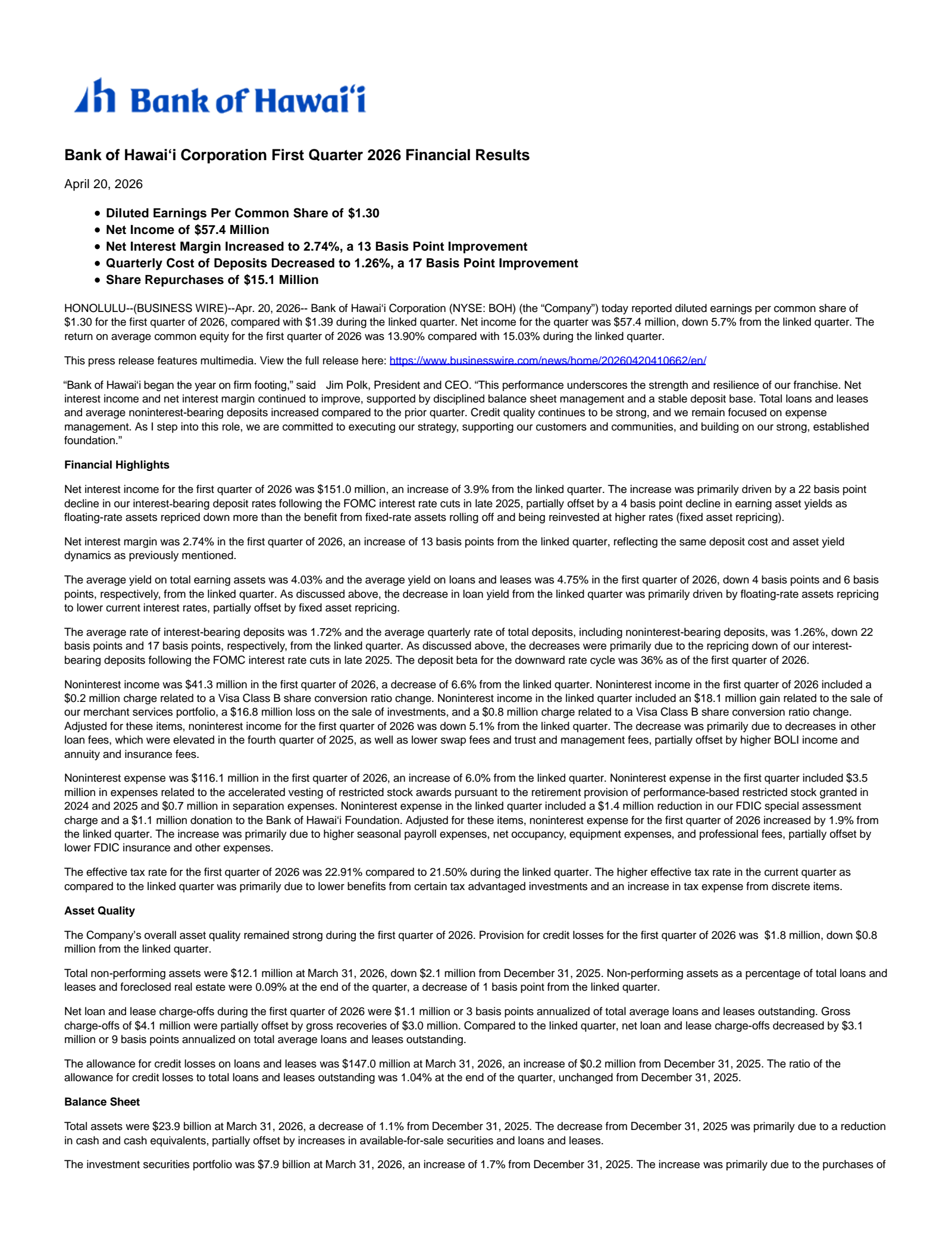 Bank of Hawaii's Q1 2026 Press Release
