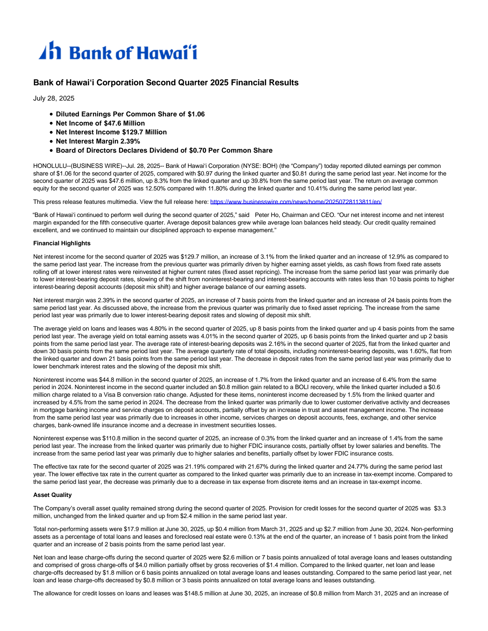 Bank of Hawaii's Q2 2025 Press Release