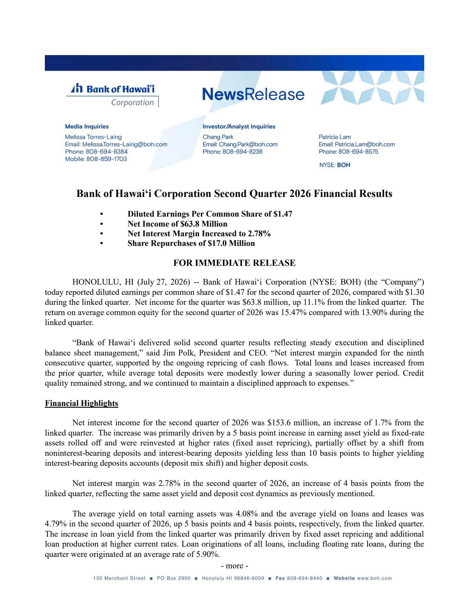 Bank of Hawaii's Q2 2026 Press Release