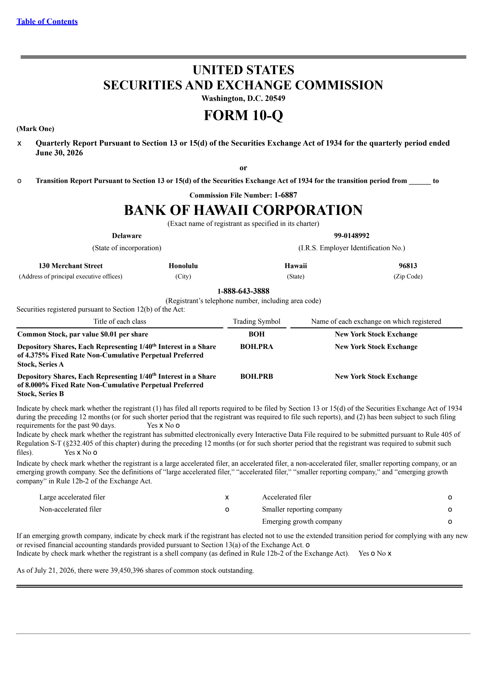 Bank of Hawaii's Q2 2026 Quarterly report