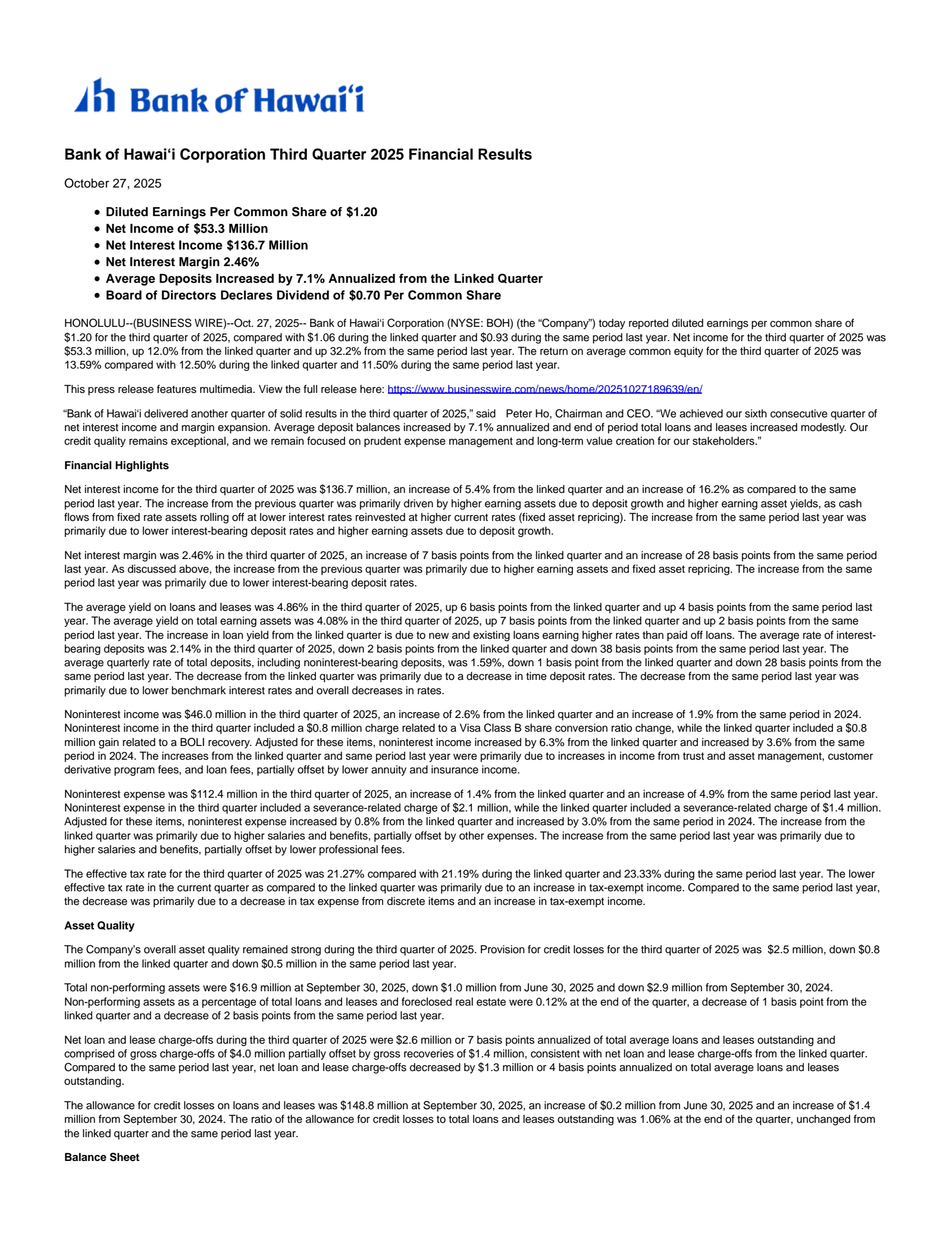 Bank of Hawaii's Q3 2025 Earnings Release