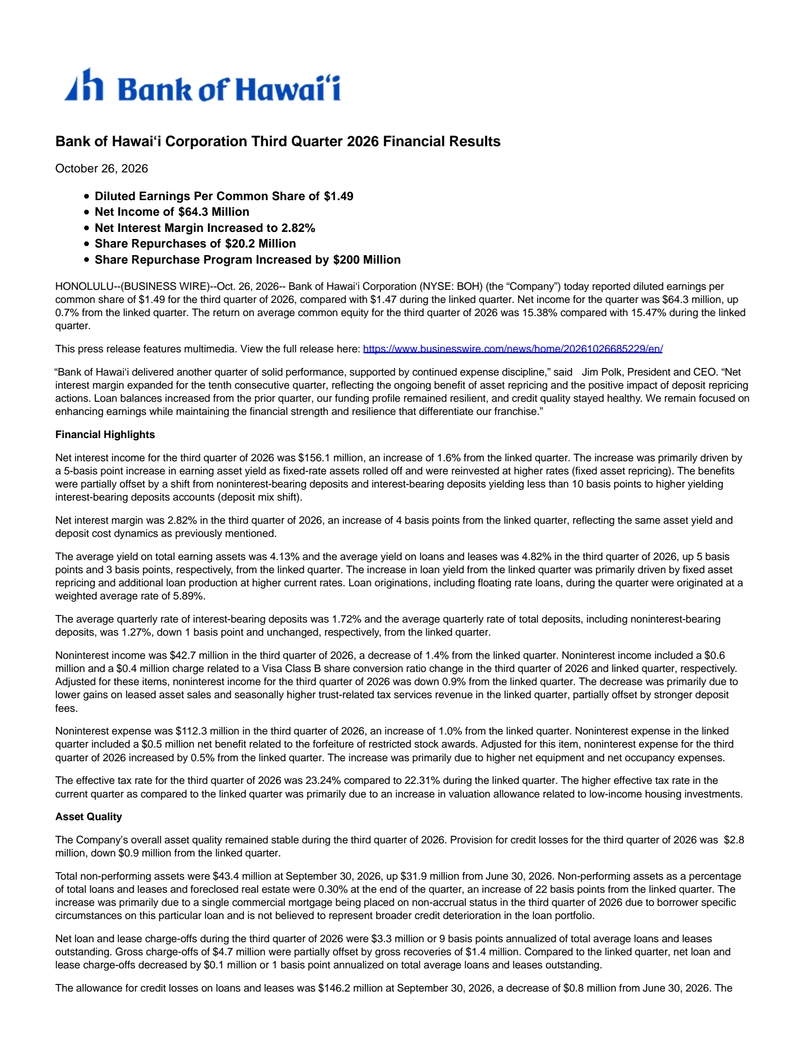 Bank of Hawaii (BOH) Q3 2026 Earnings Results & Call Transcript