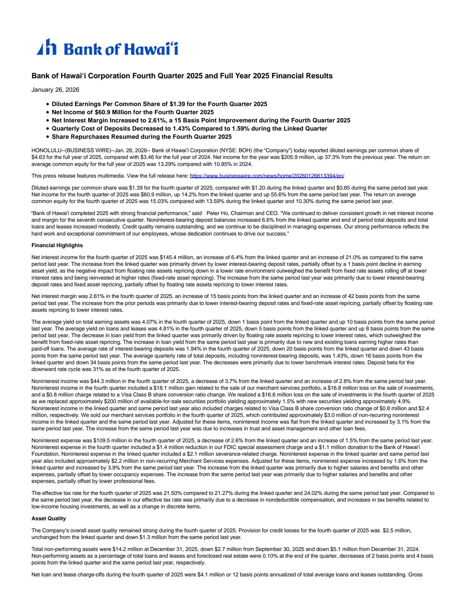 Bank of Hawaii's Q4 2025 Press Release