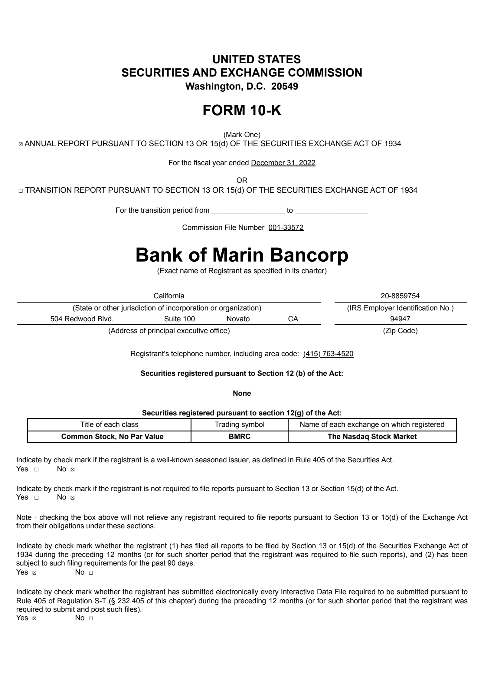 Bank of Marin Bancorp's Q4 2022 Annual report