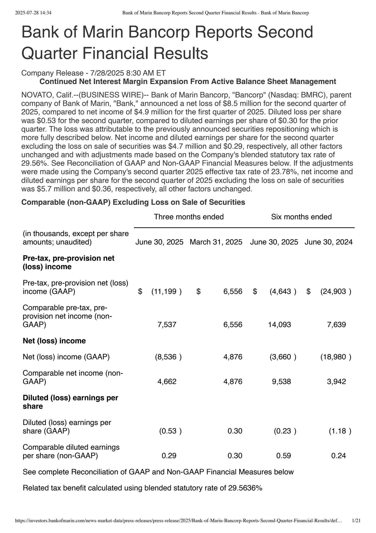 Bank of Marin Bancorp's Q2 2025 Press Release