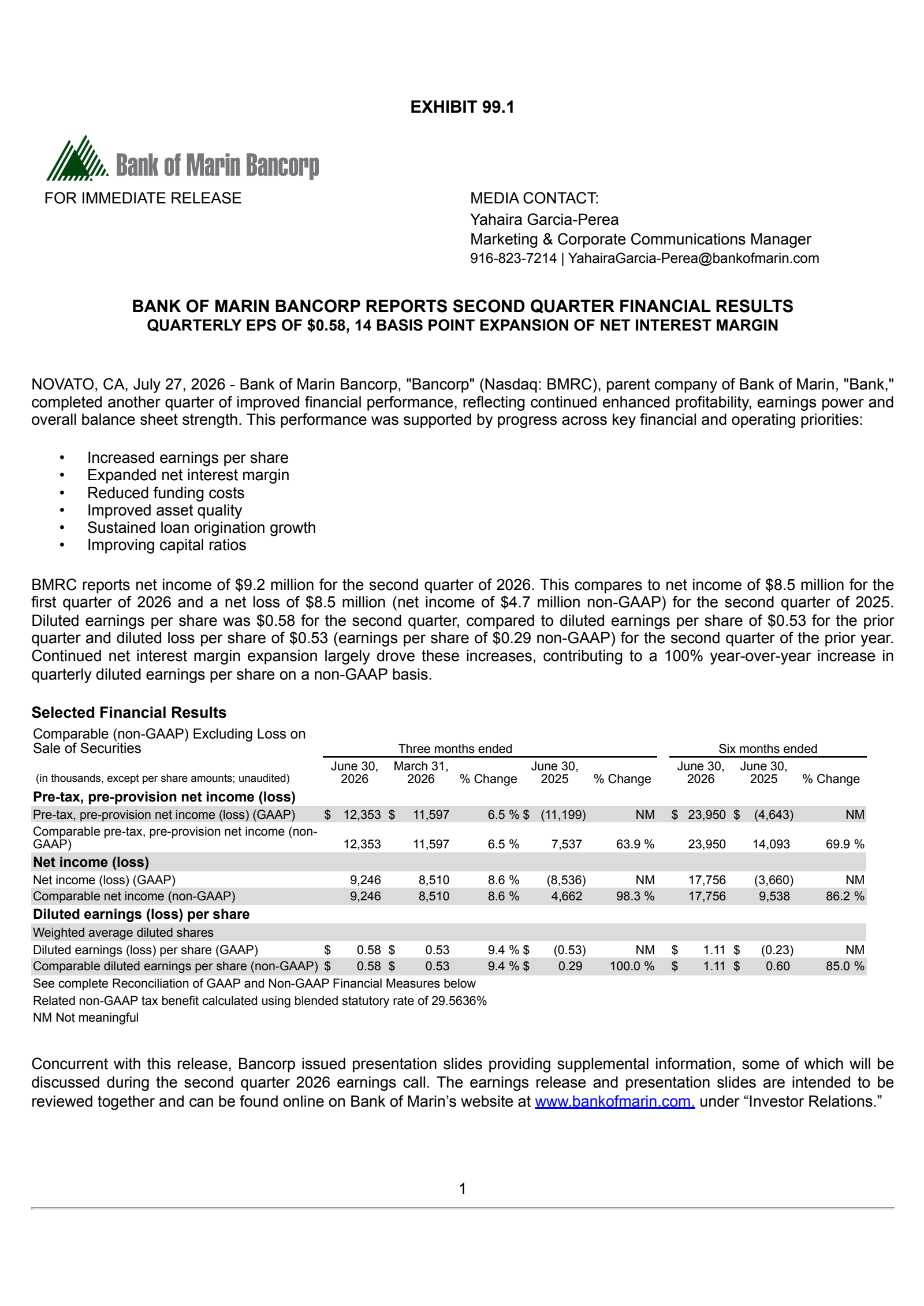 Bank of Marin Bancorp's Q2 2026 Press Release