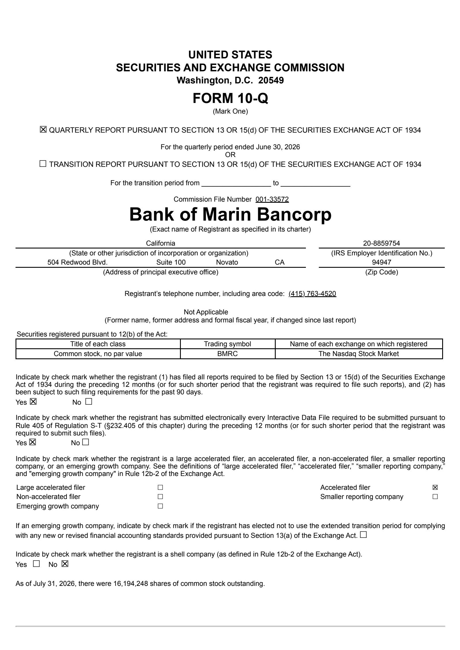 Bank of Marin Bancorp's Q2 2026 Quarterly report