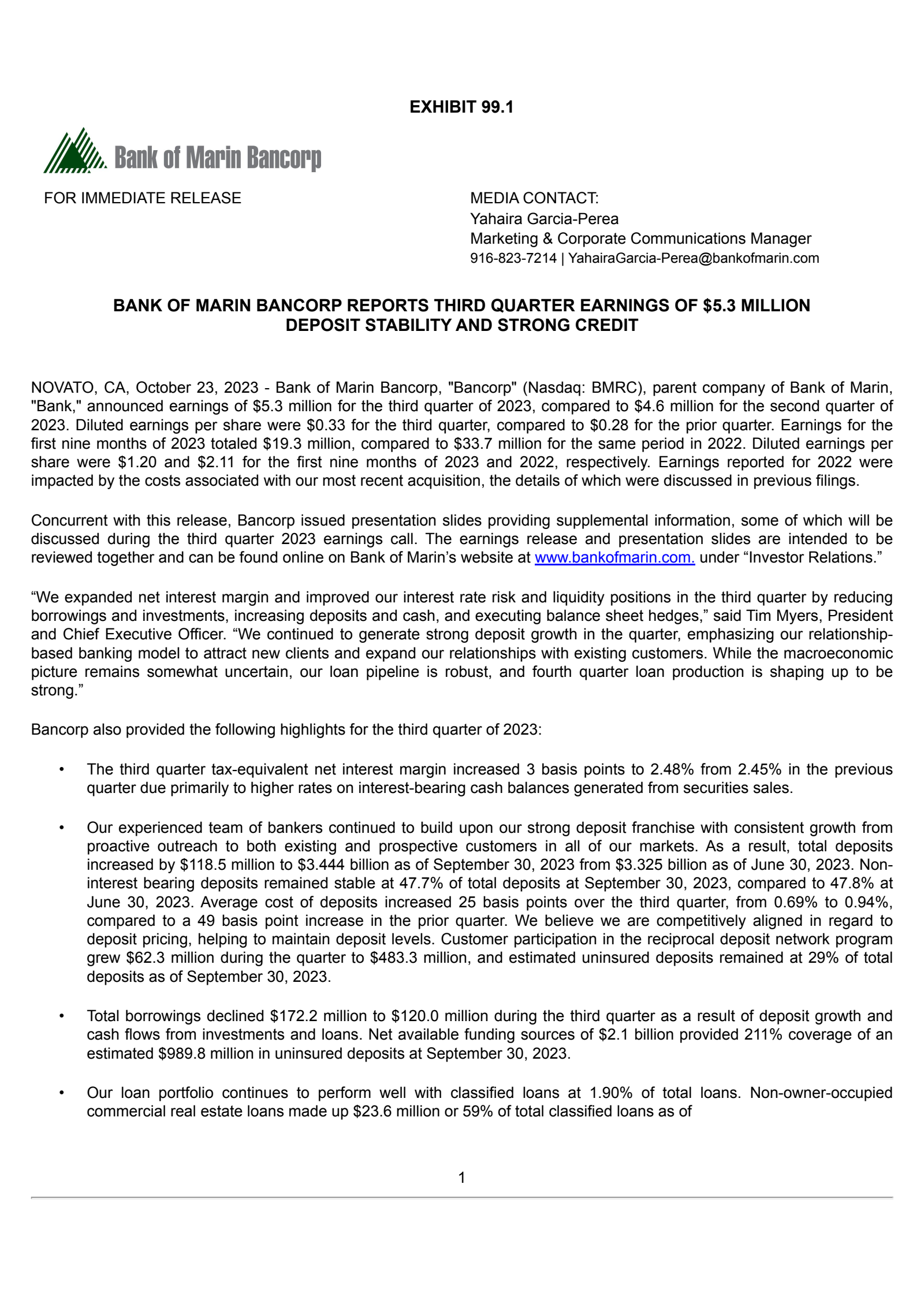 Bank of Marin Bancorp's Q3 2023 Press Release