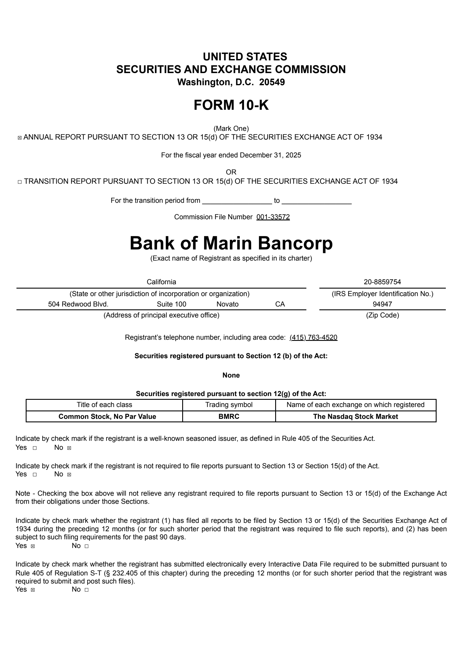 Bank of Marin Bancorp's Q4 2025 Annual report