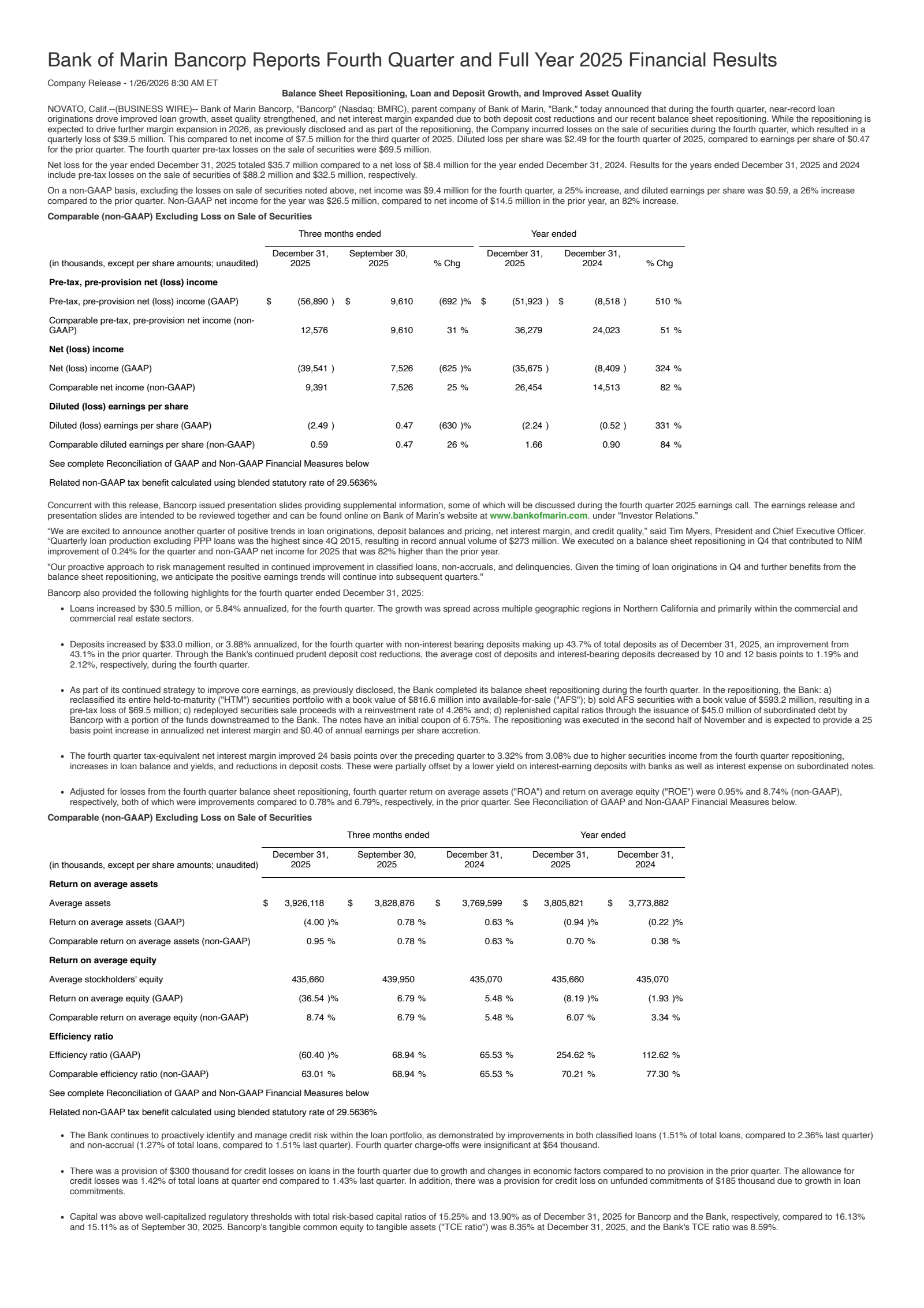 Bank of Marin Bancorp's Q4 2025 Press Release
