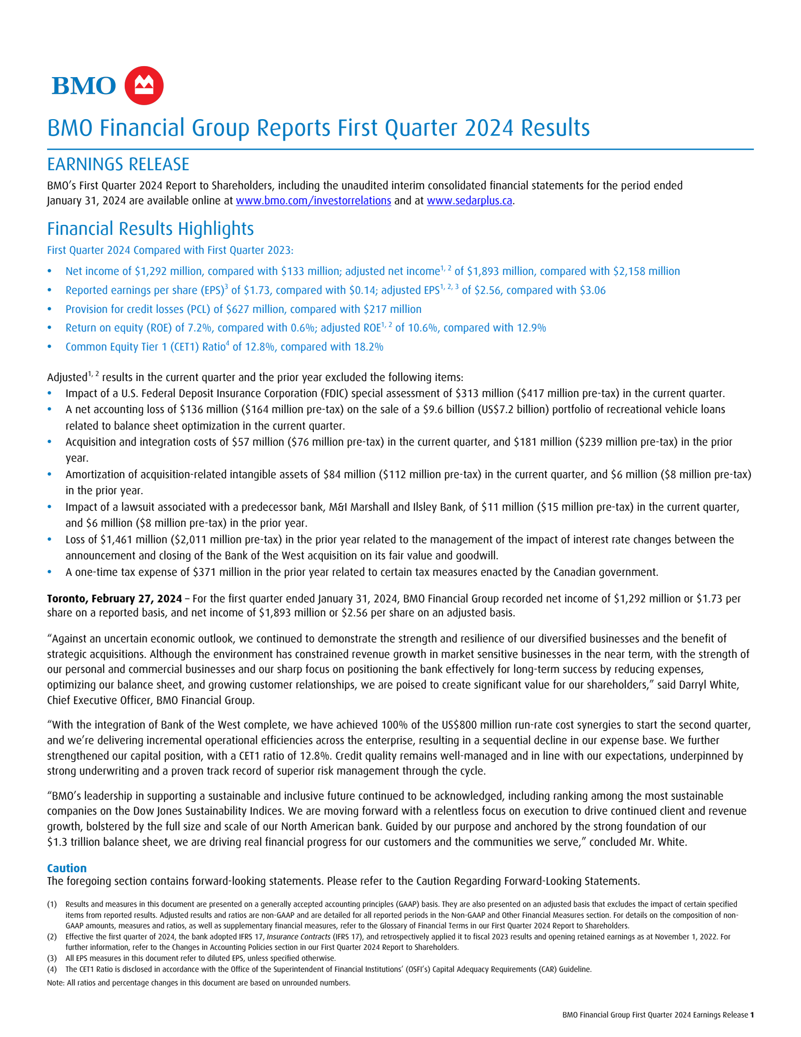 Bank Of Montreal's Q1 2024 Earnings Release