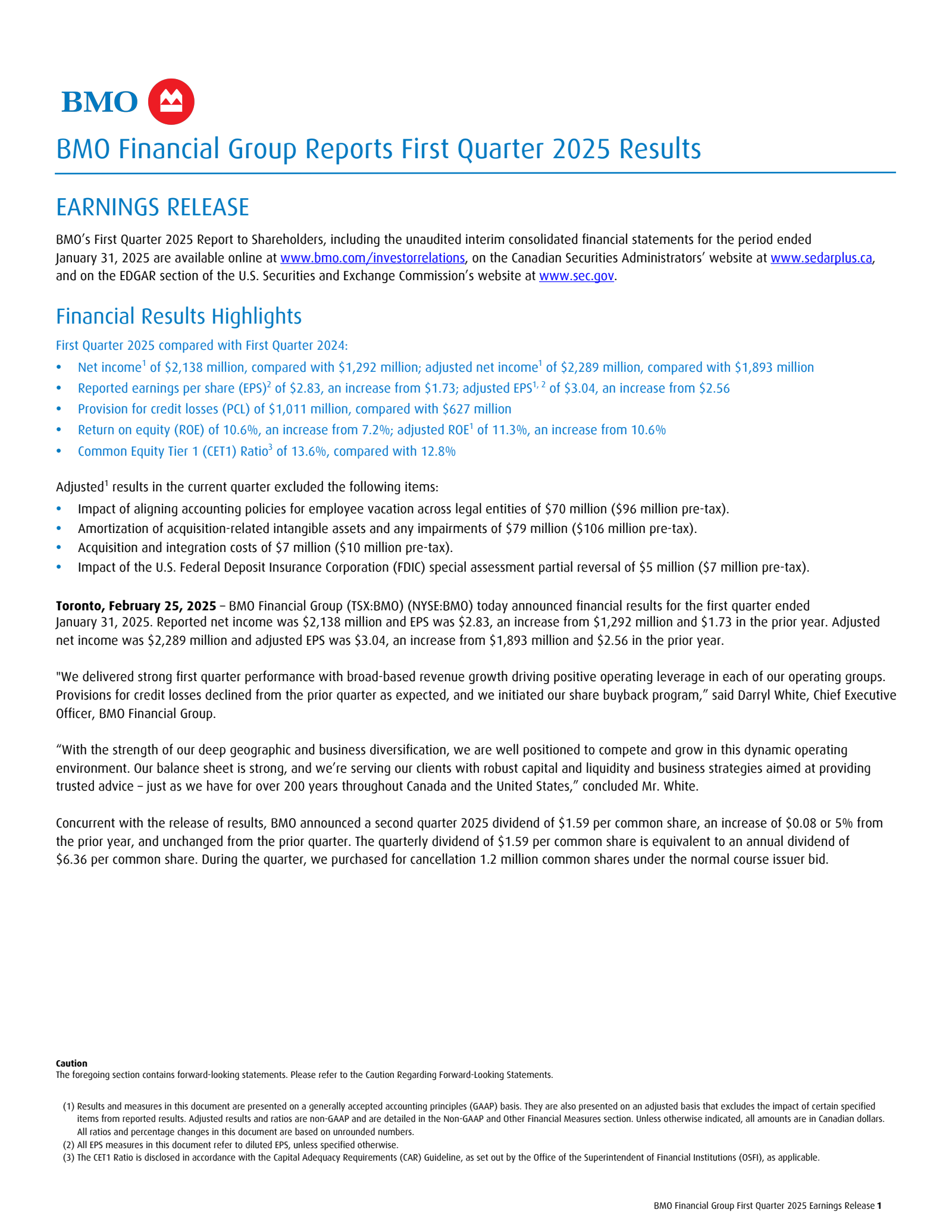 Bank of Montreal's Q1 2025 Press Release