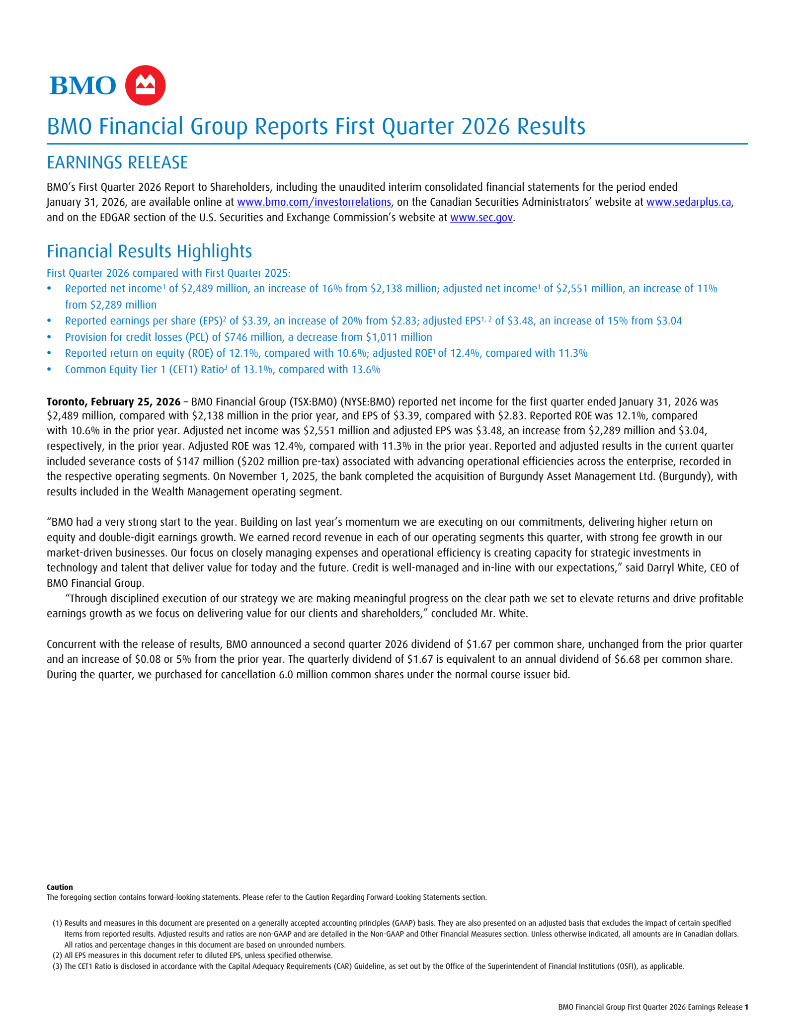 Bank Of Montreal's Q1 2026 Press Release