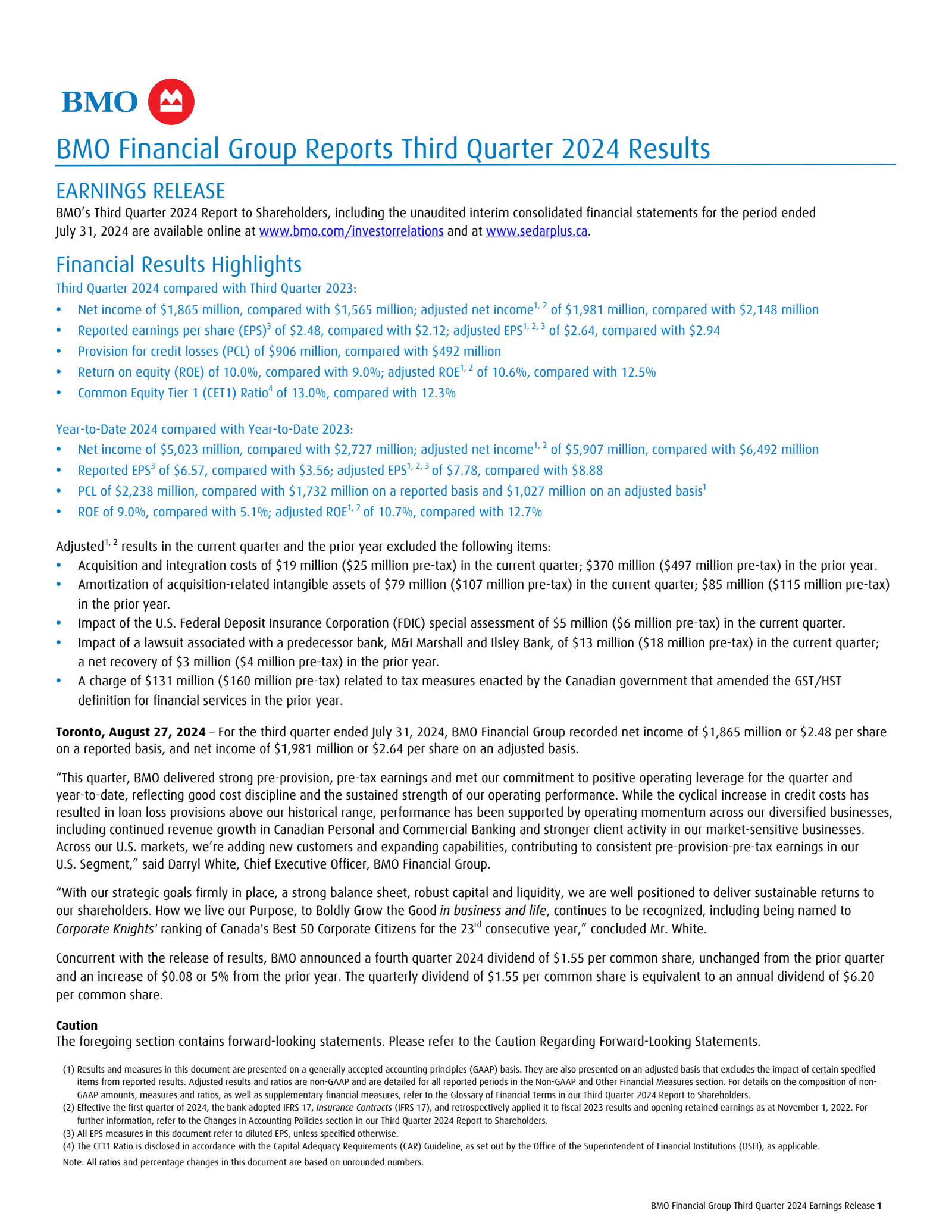 Bank Of Montreal's Q3 2024 Earnings Release