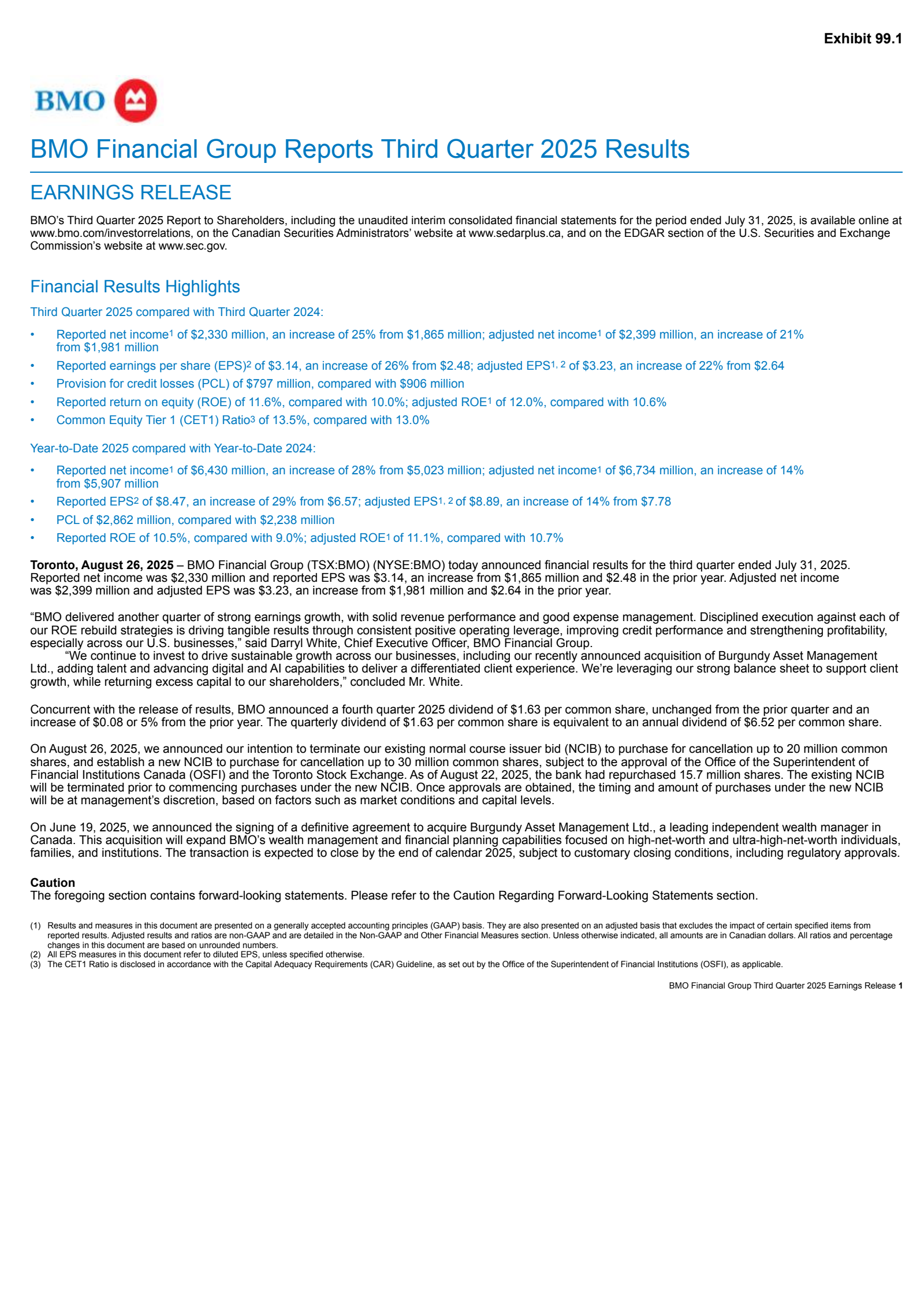 Bank Of Montreal's Q3 2025 Press Release
