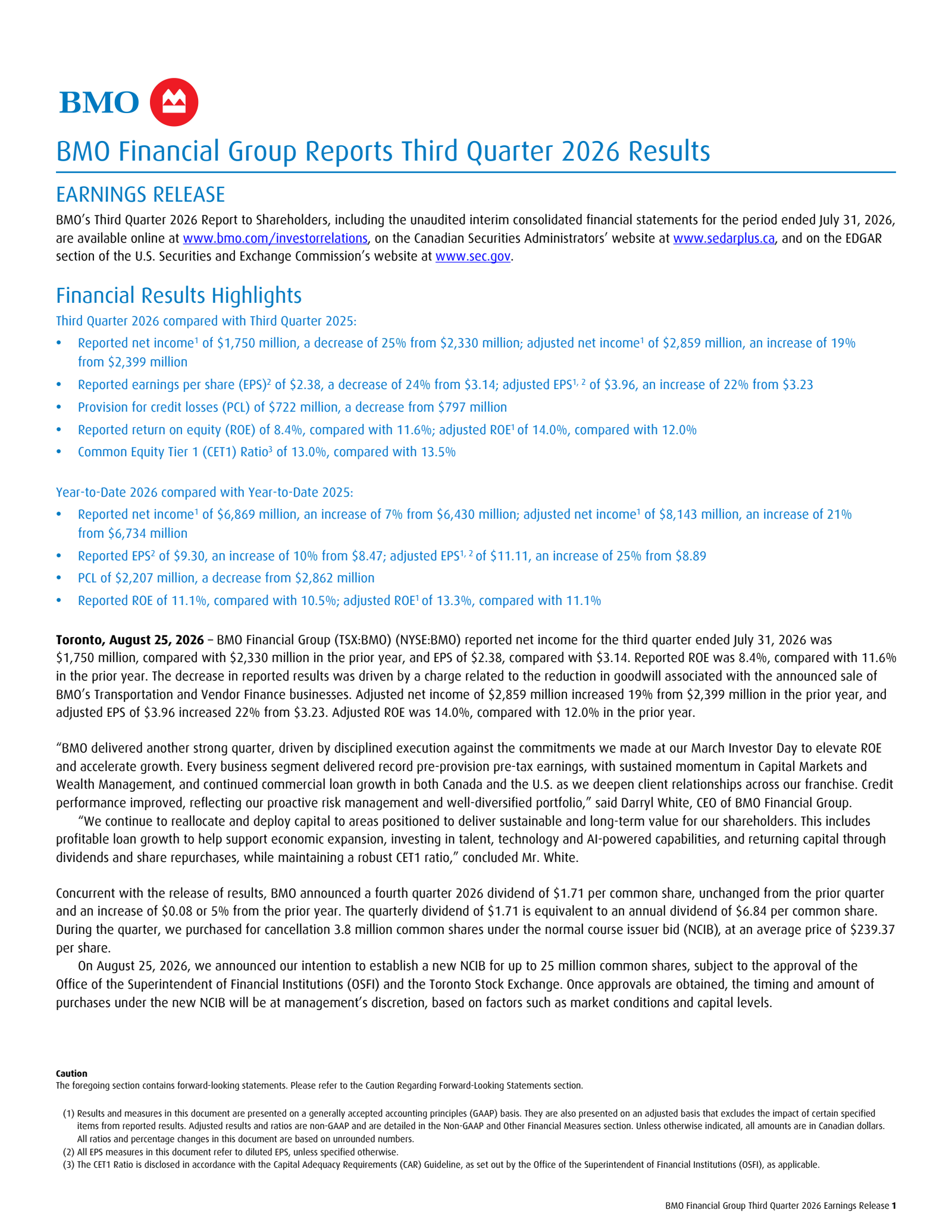 Bank Of Montreal's Q3 2026 Press Release