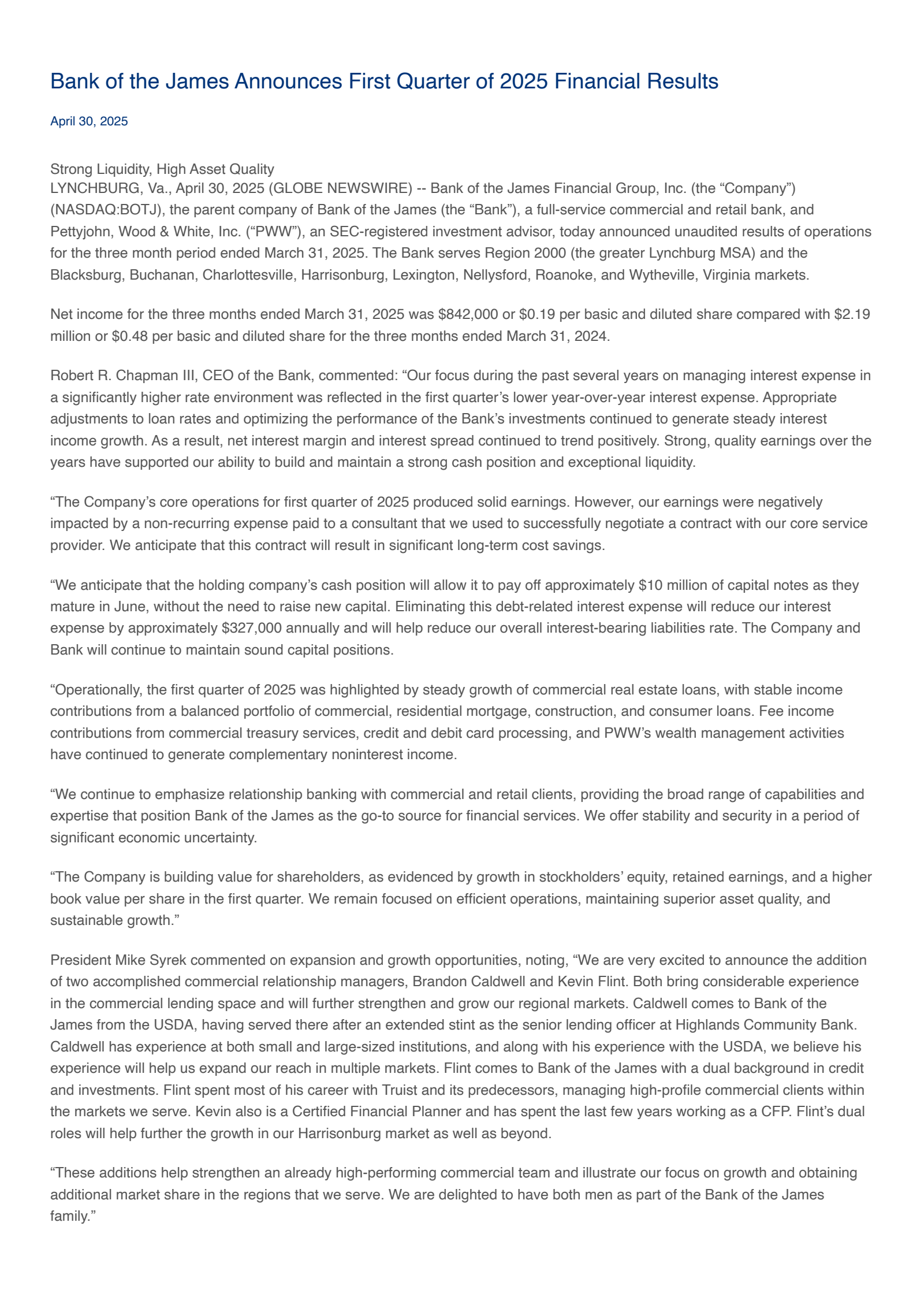 Bank of the James Financial Group's Q1 2025 Press Release