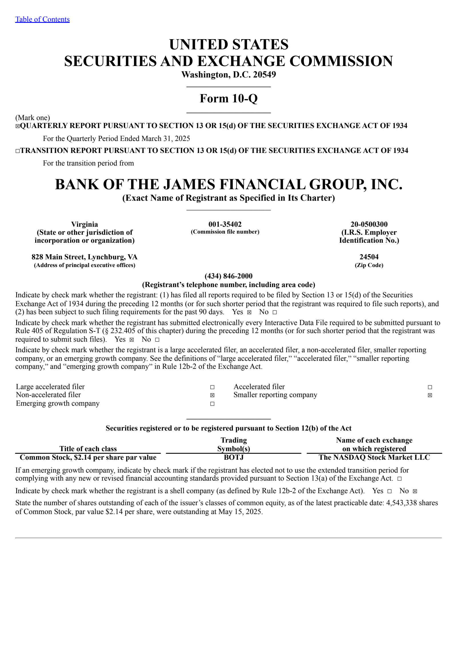 Bank of the James Financial Group's Q1 2025 Quarterly report
