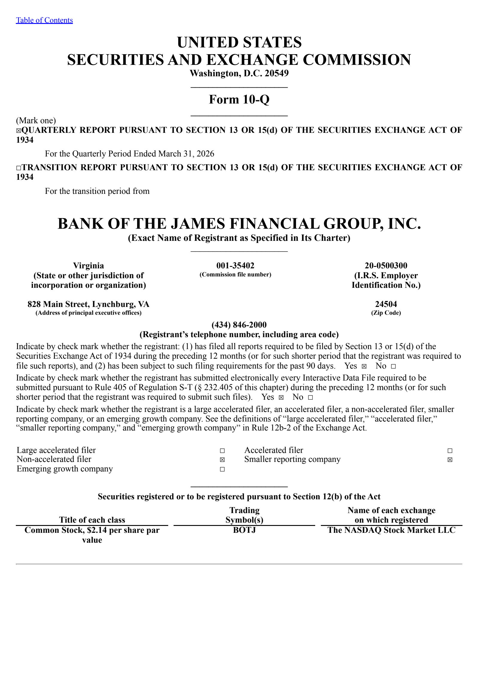 Bank of the James Financial Group's Q1 2026 Quarterly report