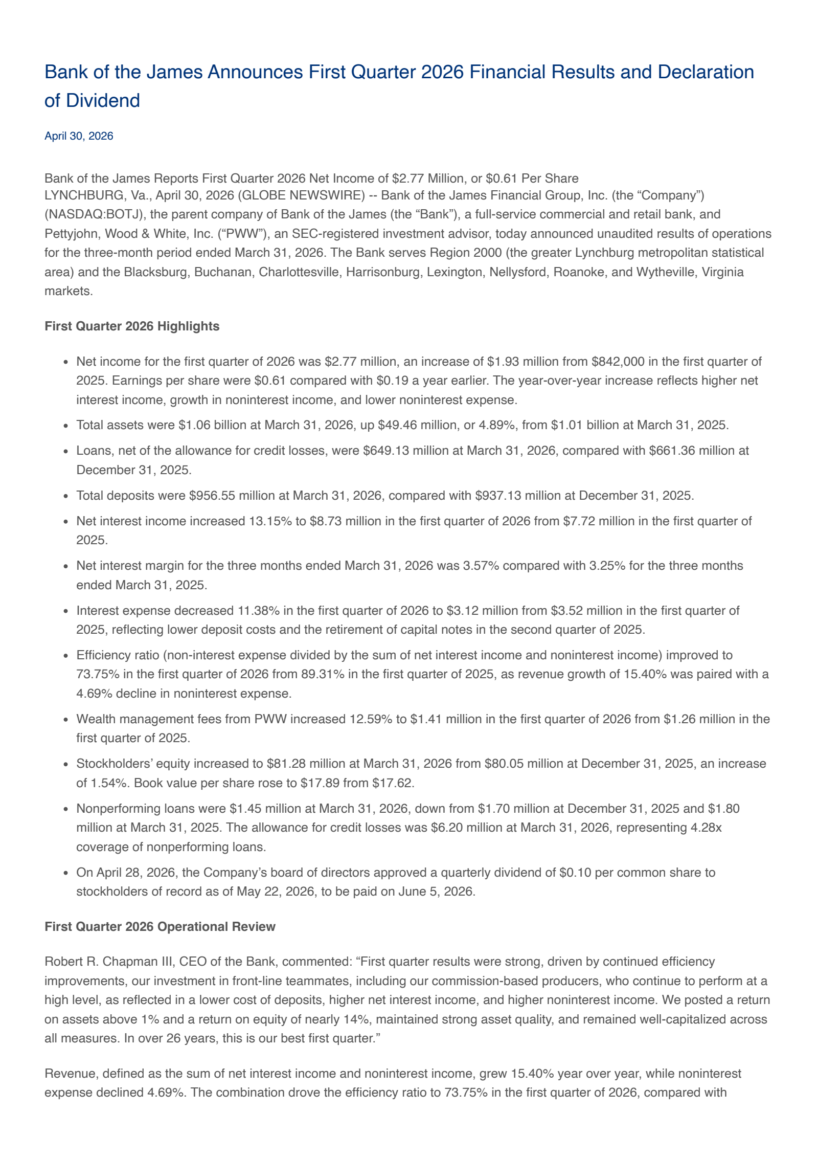 Bank of the James Financial Group's Q1 2026 Press Release