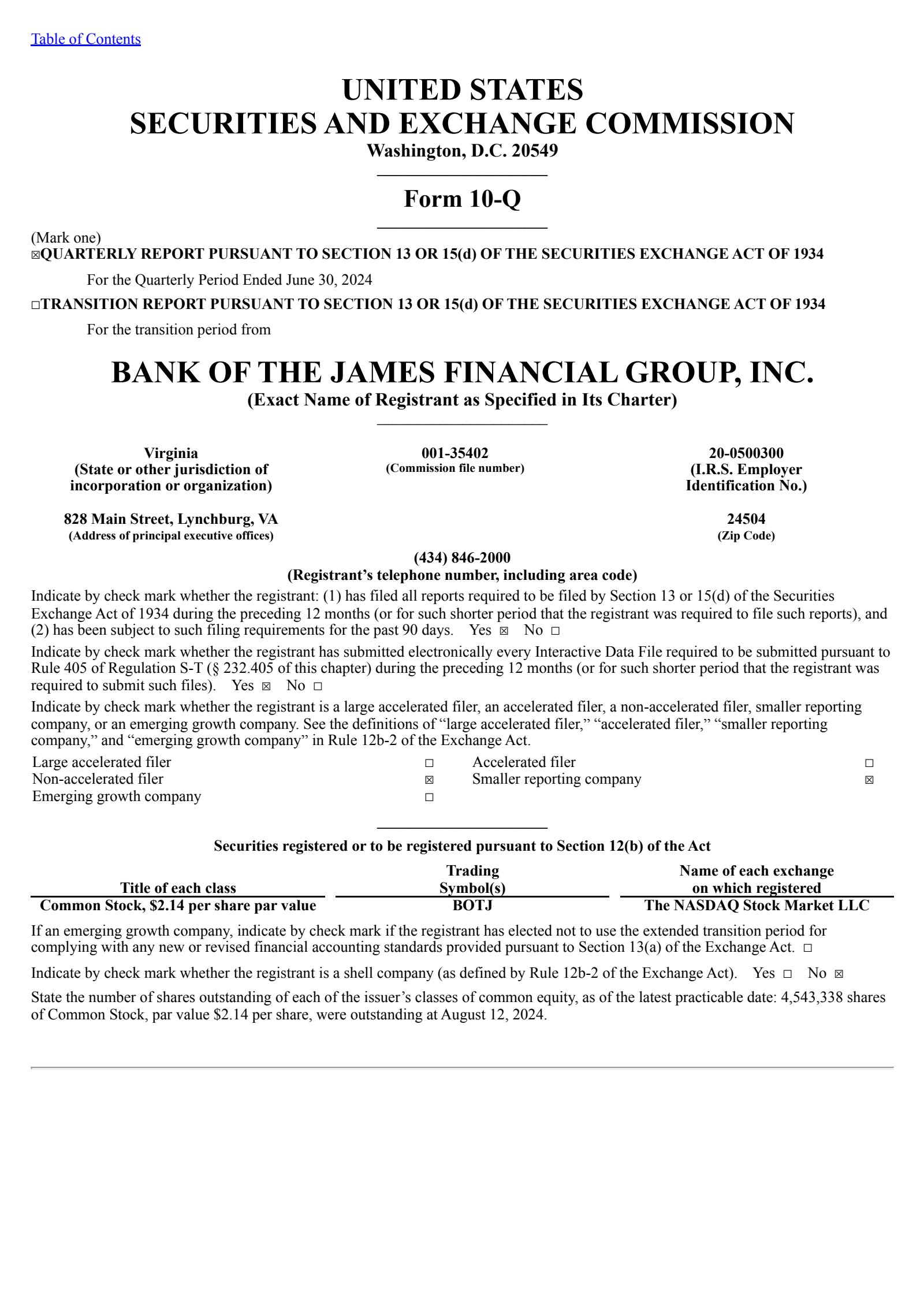 Bank of the James Financial Group's Q2 2024 Quarterly report