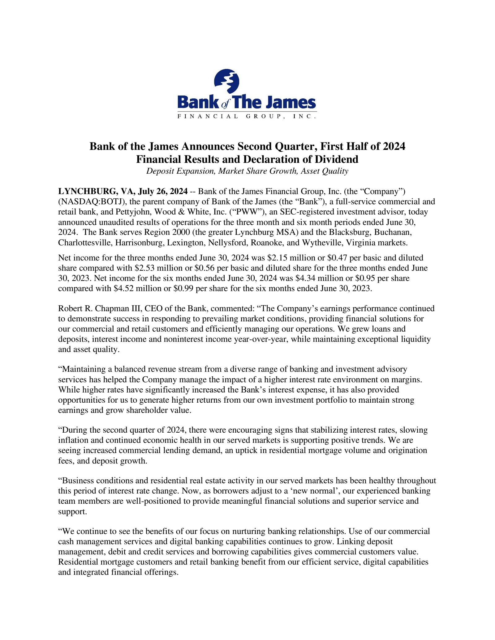 Bank of the James Financial Group's Q2 2024 Press Release