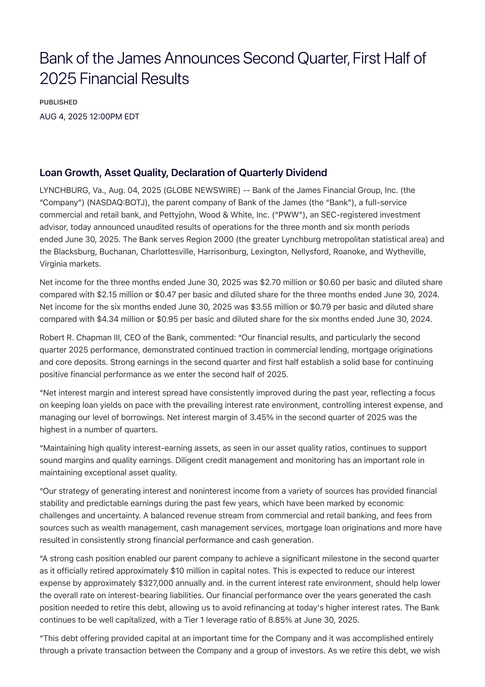 Bank of the James Financial Group's Q2 2025 Press Release