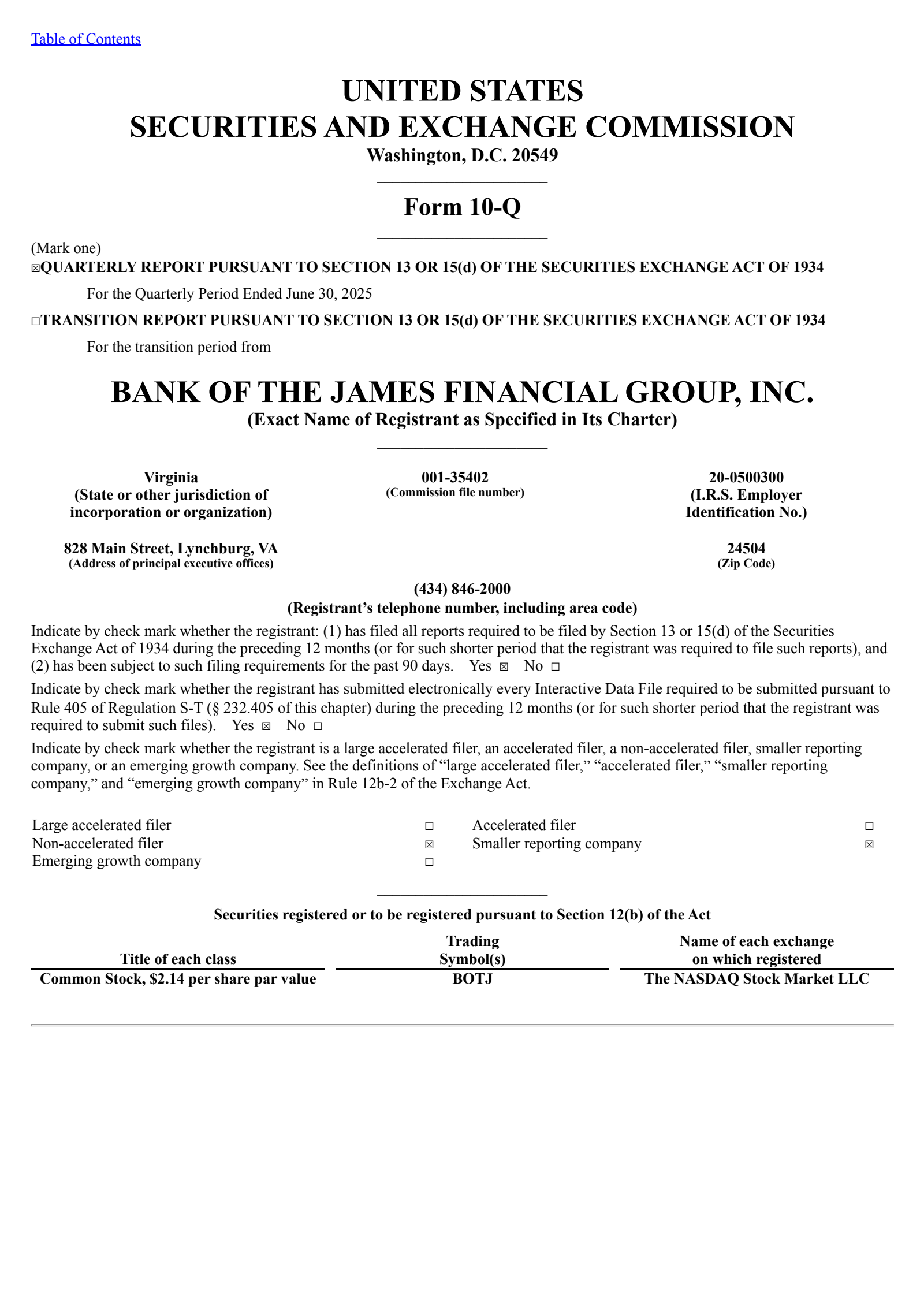 Bank of the James Financial Group's Q2 2025 Quarterly report