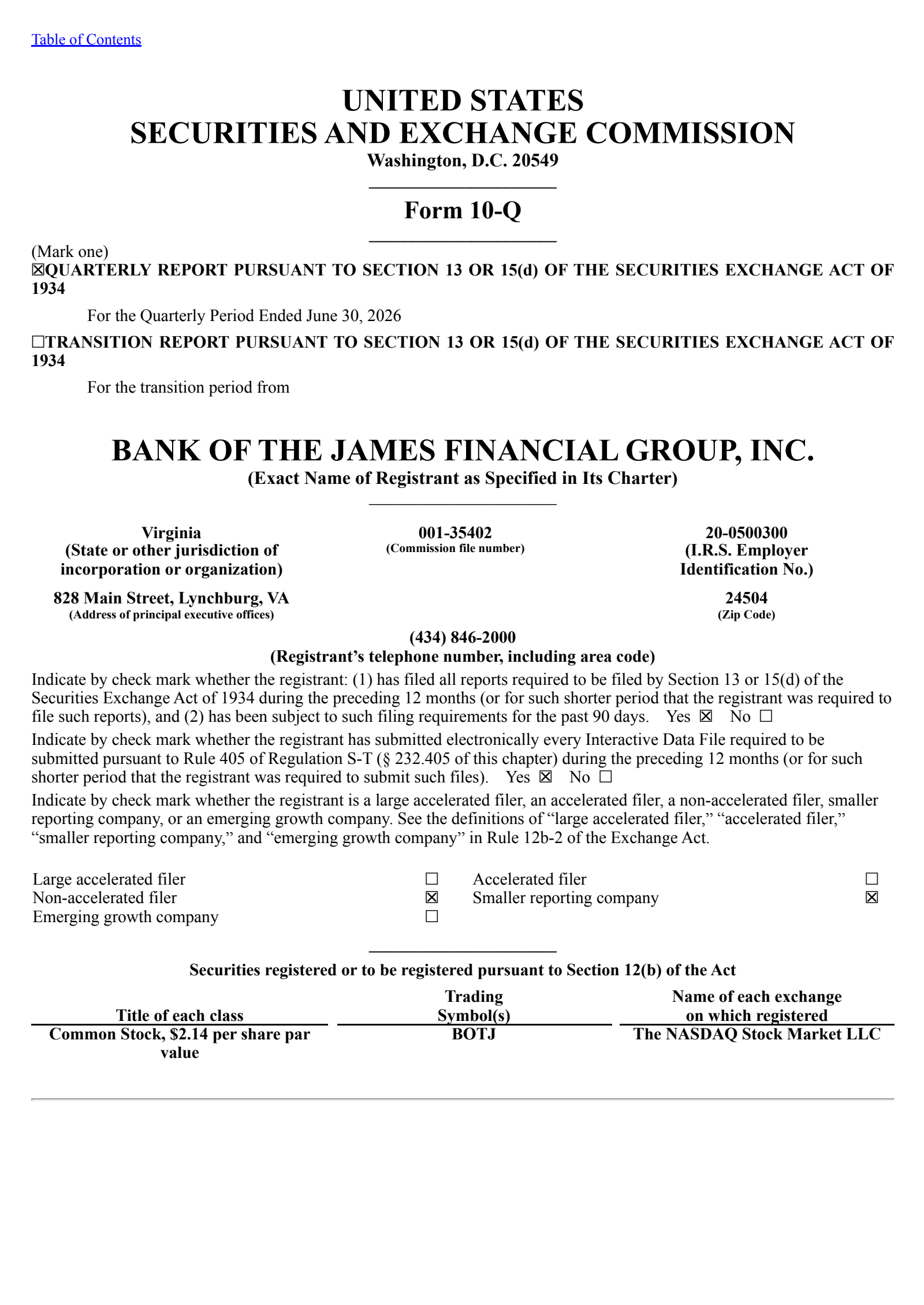 Bank of the James Financial Group's Q2 2026 Quarterly report