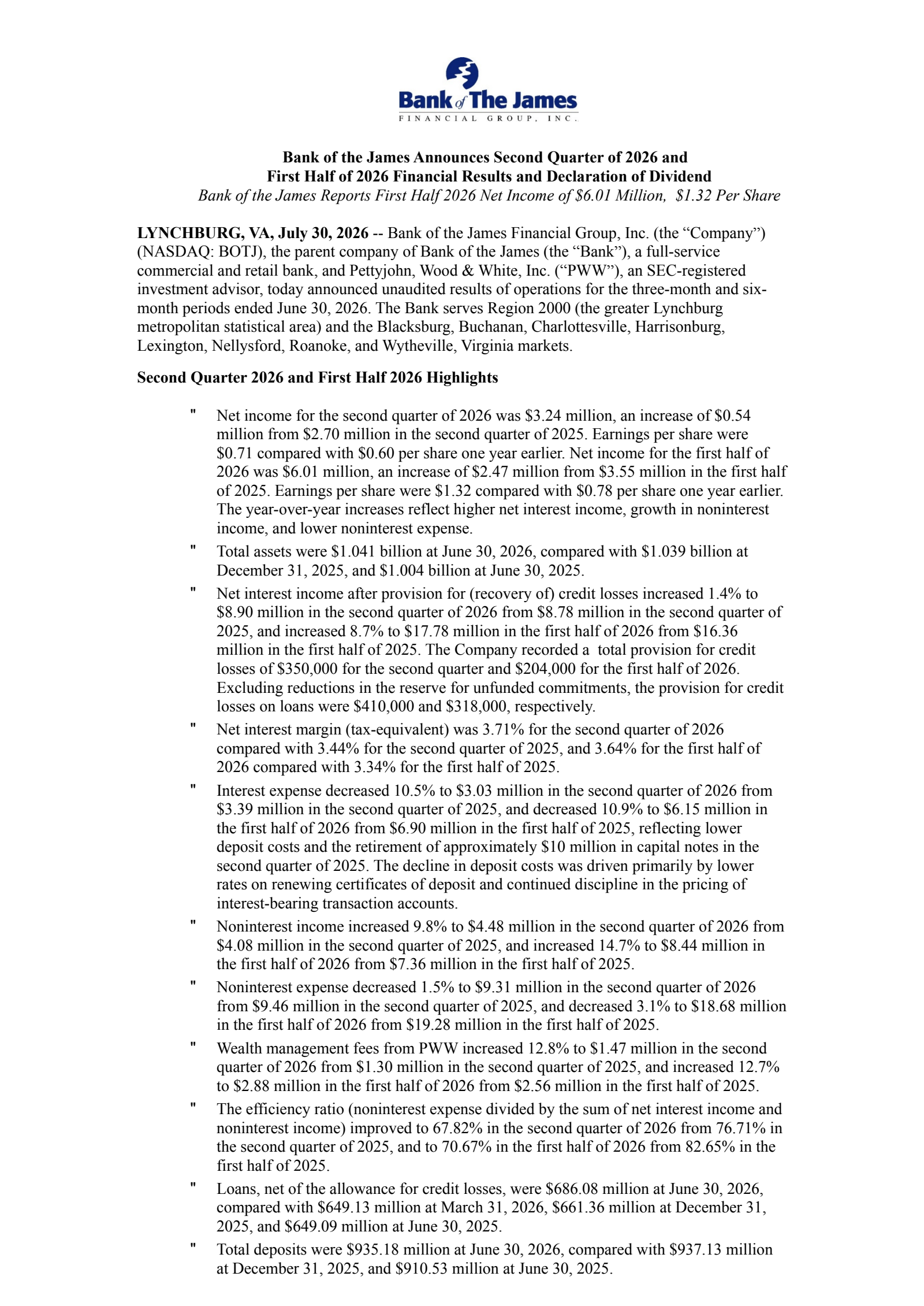 Bank of the James Financial Group's Q2 2026 Press Release