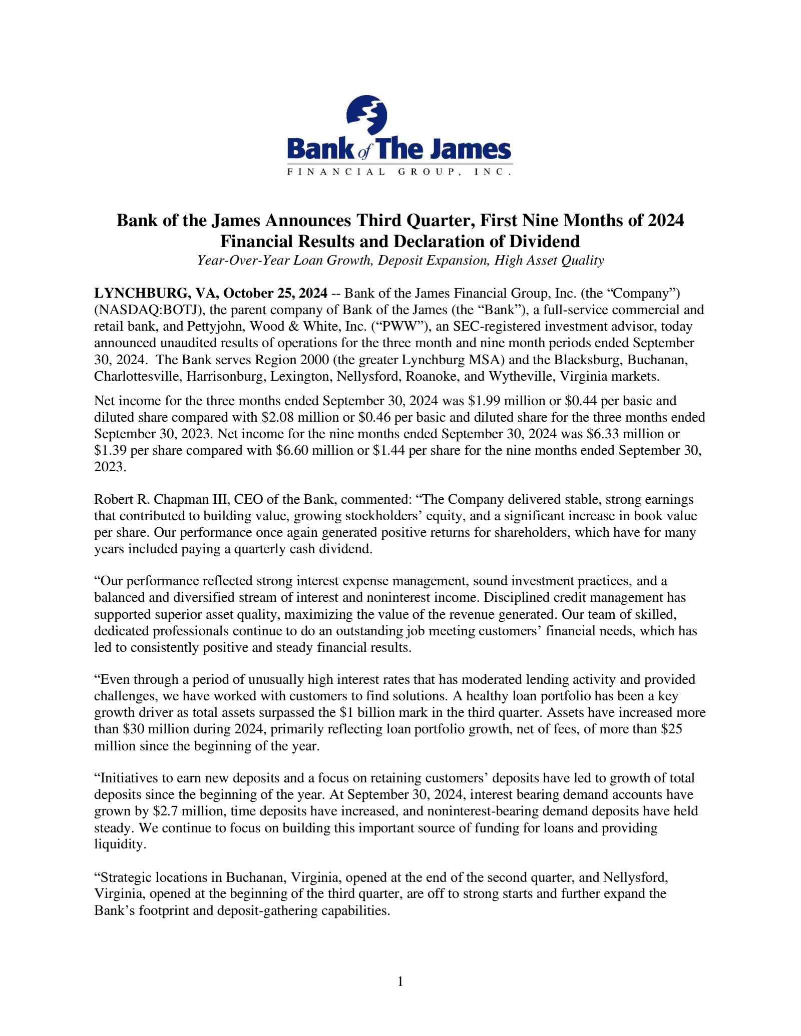 Bank of the James Financial Group's Q3 2024 Press Release