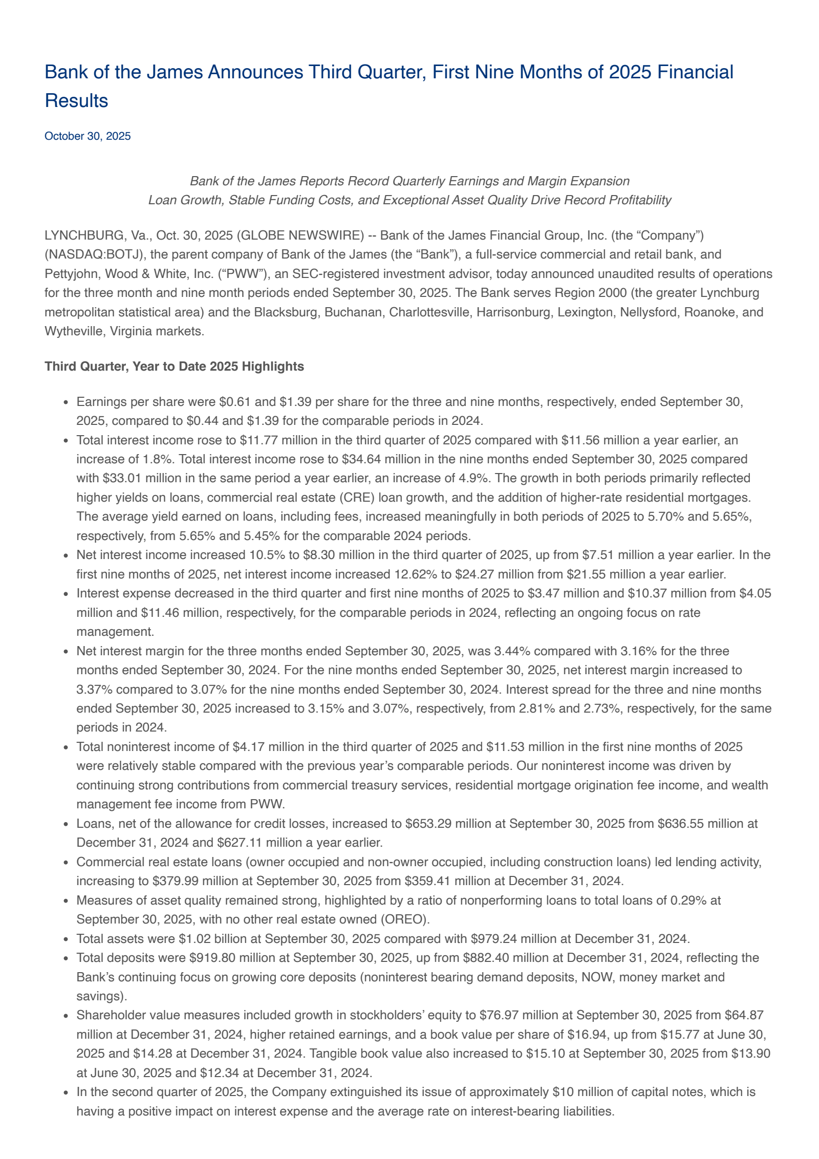 Bank of the James Financial Group's Q3 2025 Press Release