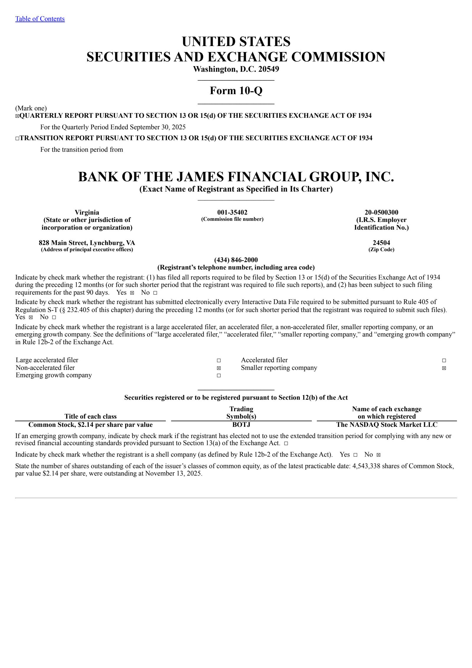 Bank of the James Financial Group's Q3 2025 Quarterly report